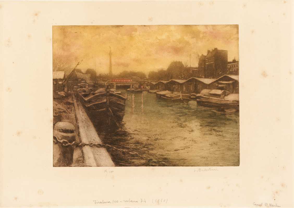 Canal Saint Martin, paesaggio fluviale (stampa) di Balestrieri Lionello (attribuito) (sec. XX)