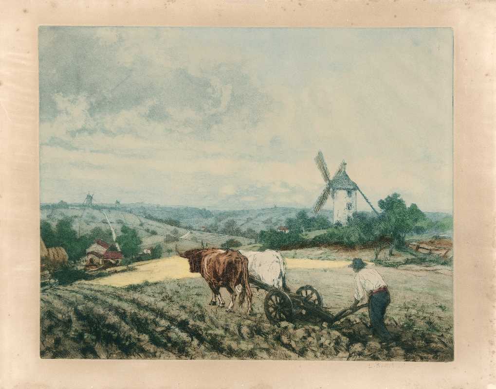 Paesaggio con mulini a vento e contadino che ara, paesaggio rurale (stampa) di Balestrieri Lionello (attribuito) (fine/inizio secc. XIX/ XX)