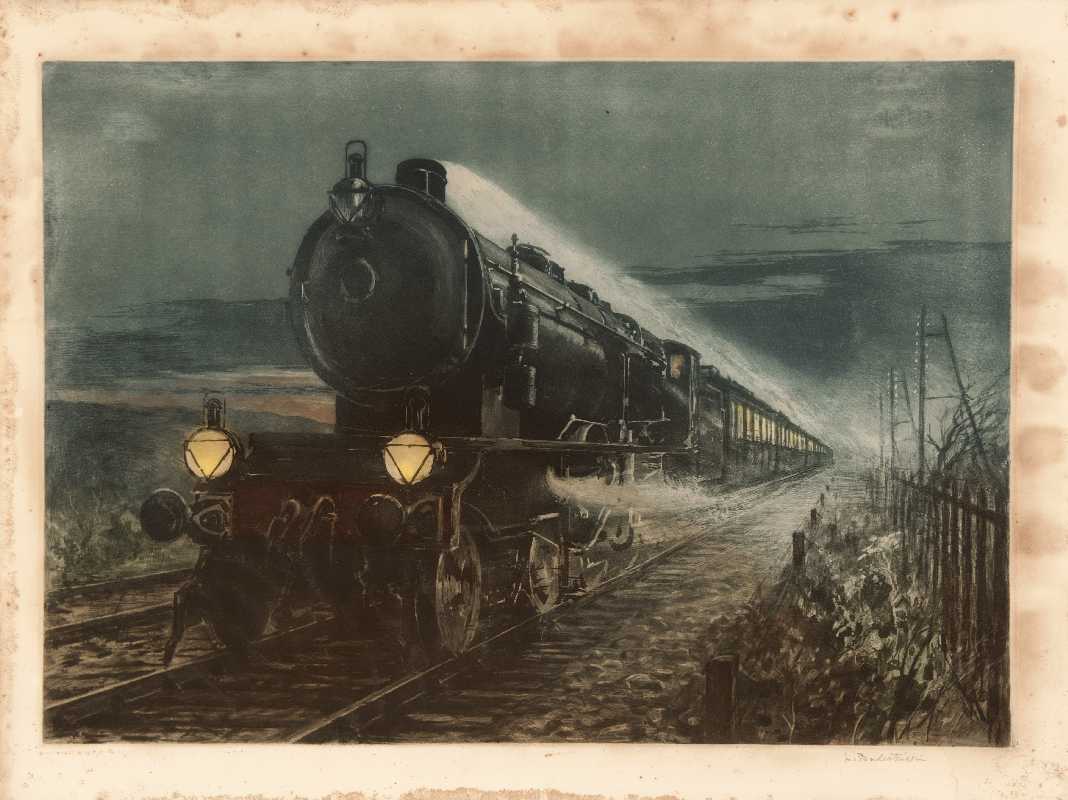 Treno in corsa di notte, paesaggio notturno (stampa) di Balestrieri Lionello (attribuito) (fine/inizio secc. XIX/ XX)
