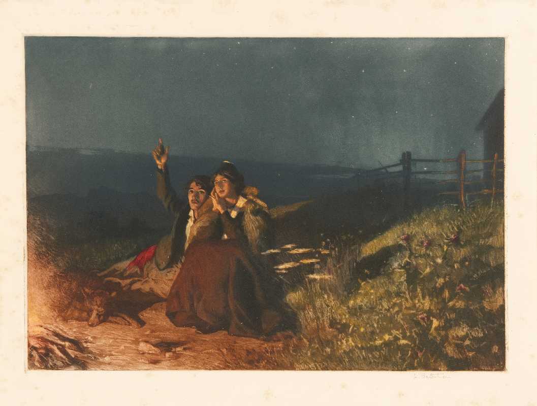 Coppia con cane in un campo di notte, paesaggio rurale (stampa) di Balestrieri Lionello (attribuito) (fine/inizio secc. XIX/ XX)
