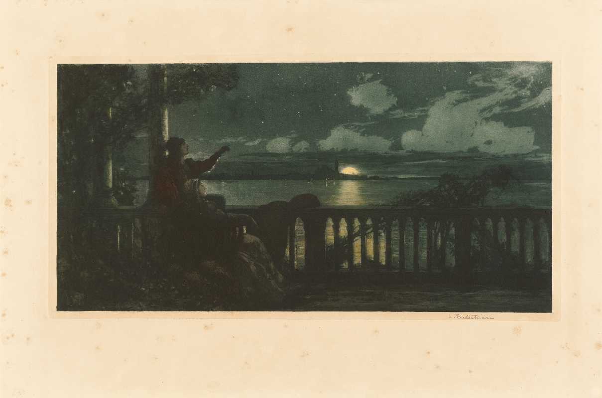 Balcone a Venezia con coppia in controluce, paesaggio notturno (stampa) di Balestrieri Lionello (attribuito) (fine/inizio secc. XIX/ XX)