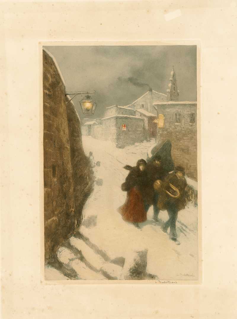 Girovaghi in paesaggio innevato, paesaggio invernale (stampa) di Balestrieri Lionello (attribuito) (fine/inizio secc. XIX/ XX)