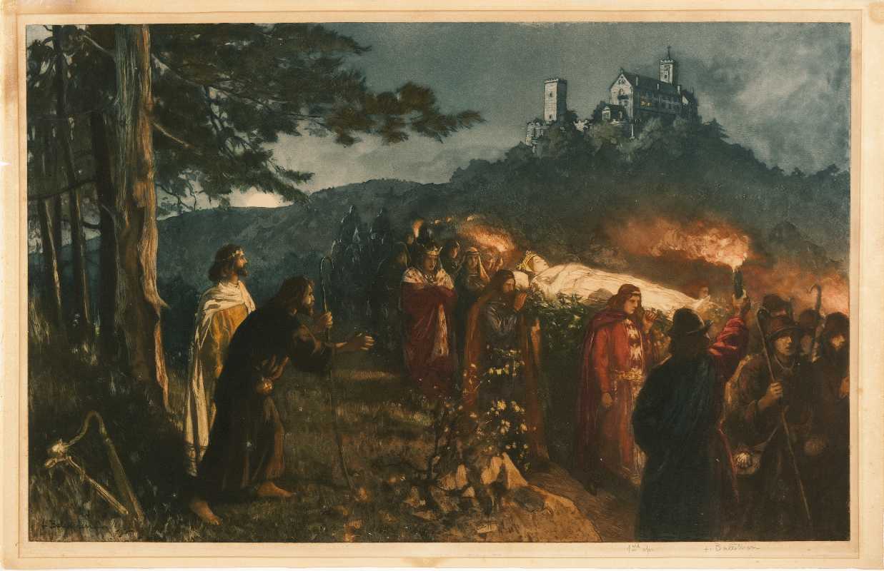 Scena medievale: funerale della regina, corteo funebre (stampa) di Balestrieri Lionello (attribuito) (sec. XX)