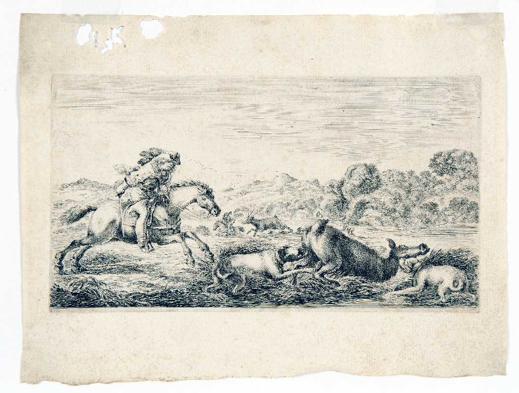 Cacciatore con cani, caccia al cinghiale (stampa) di Della Bella Stefano (attribuito) (sec. XVII)