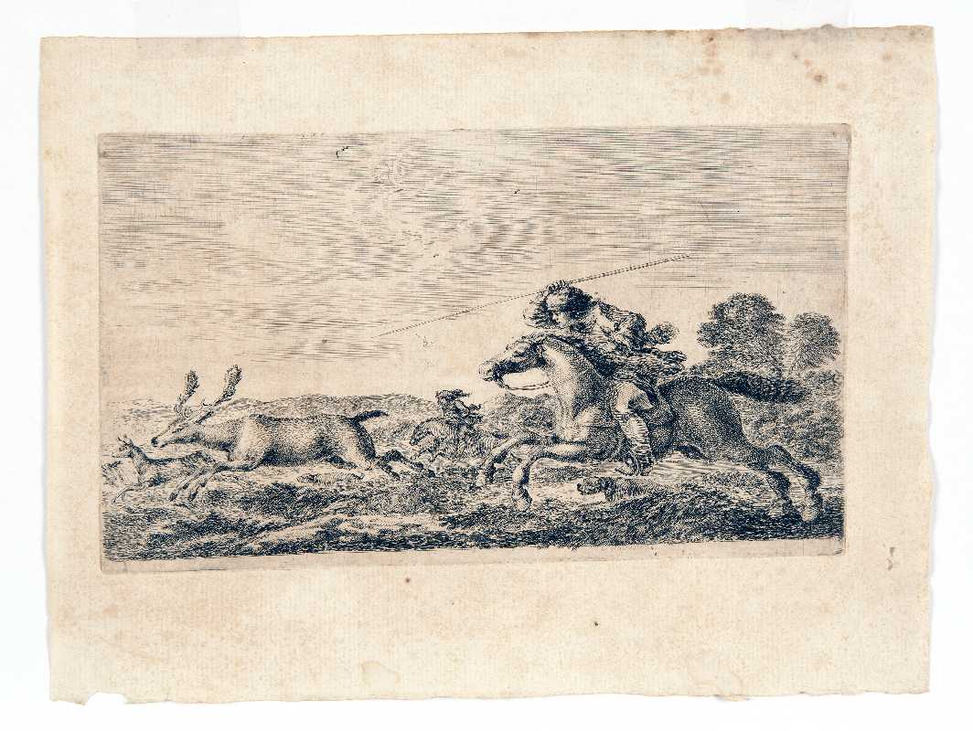 Cacciatore con lancia contro un cervo, caccia al cervo (stampa) di Della Bella Stefano (attribuito) (sec. XVII)
