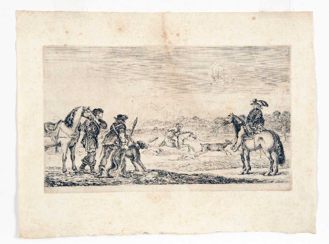 Tre cacciatori e un cavaliere, caccia (stampa) di Della Bella Stefano (attribuito) (sec. XVII)