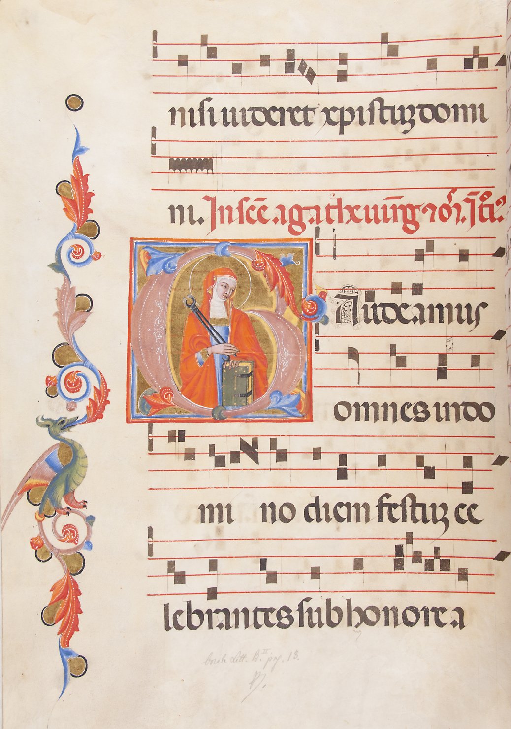 Sant'Agata (miniatura, elemento d'insieme) di Maestro dei graduali (attribuito) (ultimo quarto sec. XIV)
