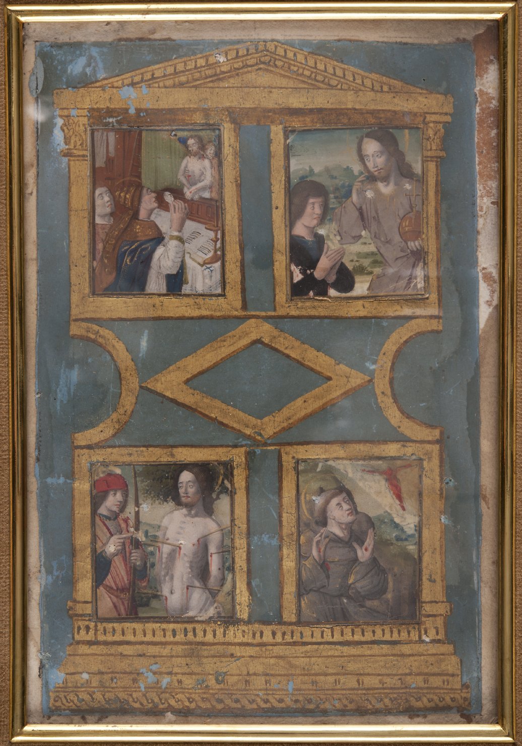 messa di San Gregorio/ Cristo redentore con la croce e un devoto/ San Sebastiano/ San Francesco d'Assisi riceve le stimmate (altarolo portatile, opera isolata) - ambito fiammingo, bottega toscana (fine/inizio, seconda metà secc. XV/ XVI, sec. XIX)