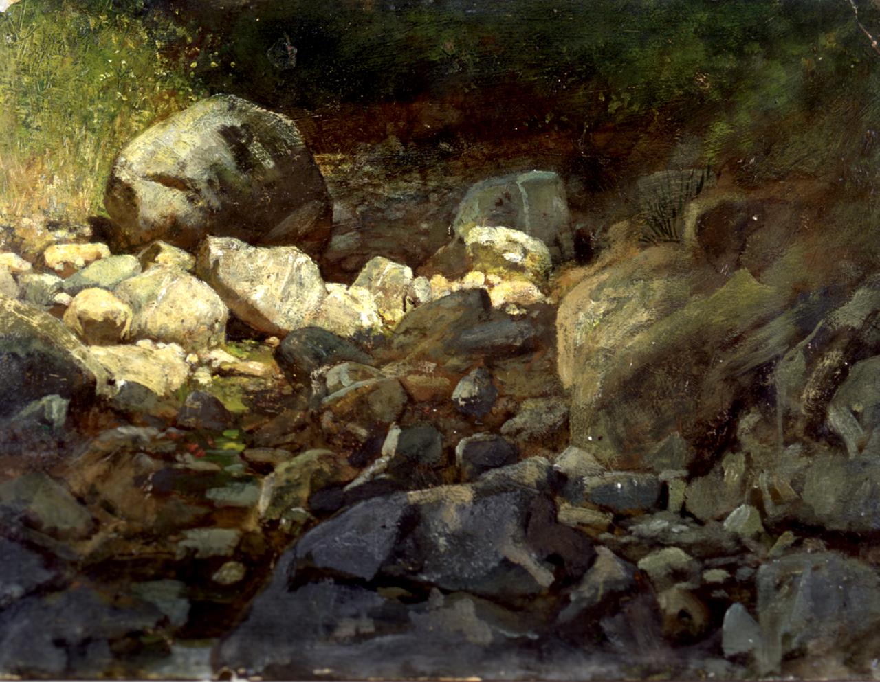 Sassi nel bosco, paesaggio roccioso (dipinto) di Cabianca Vincenzo (sec. XIX)