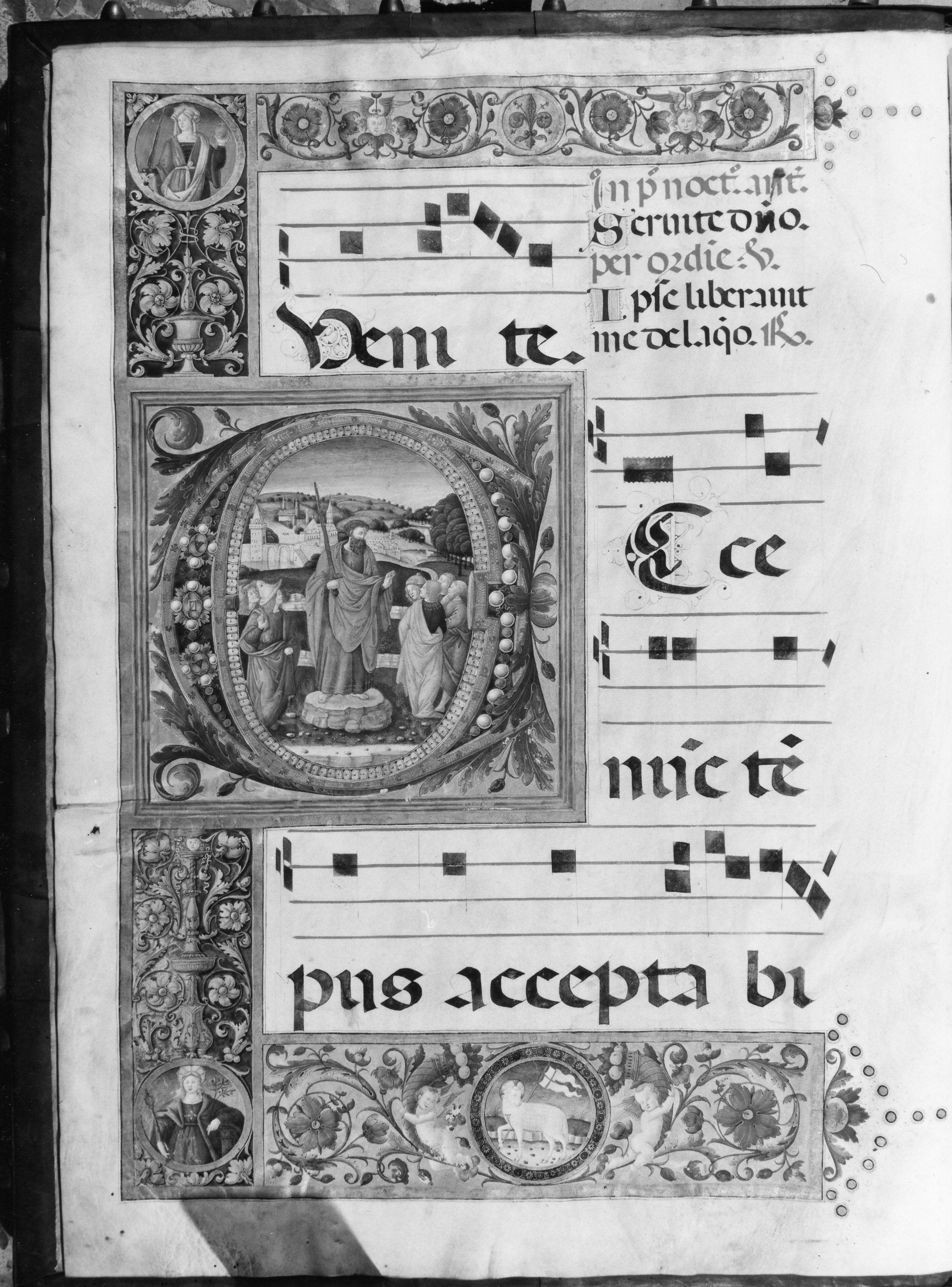Iniziale miniata ornata e istoriata, San Paolo predica a Efeso (miniatura) di Eustachio fra (primo quarto sec. XVI)