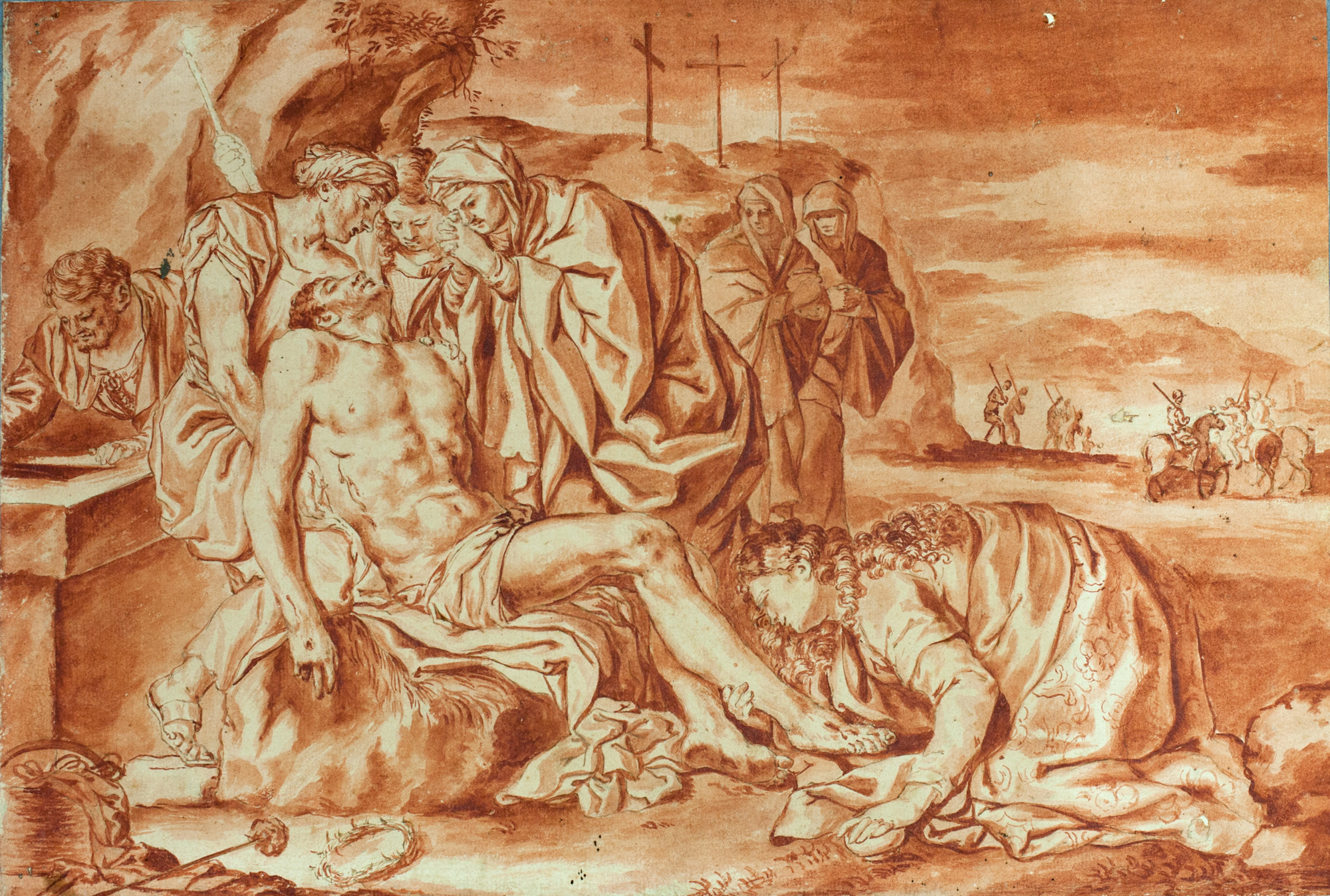 Cristo deposto e compianto, Cristo deposto e compianto (disegno, elemento d'insieme) - ambito fiorentino, ambito veneziano (metà Sec. XVI)