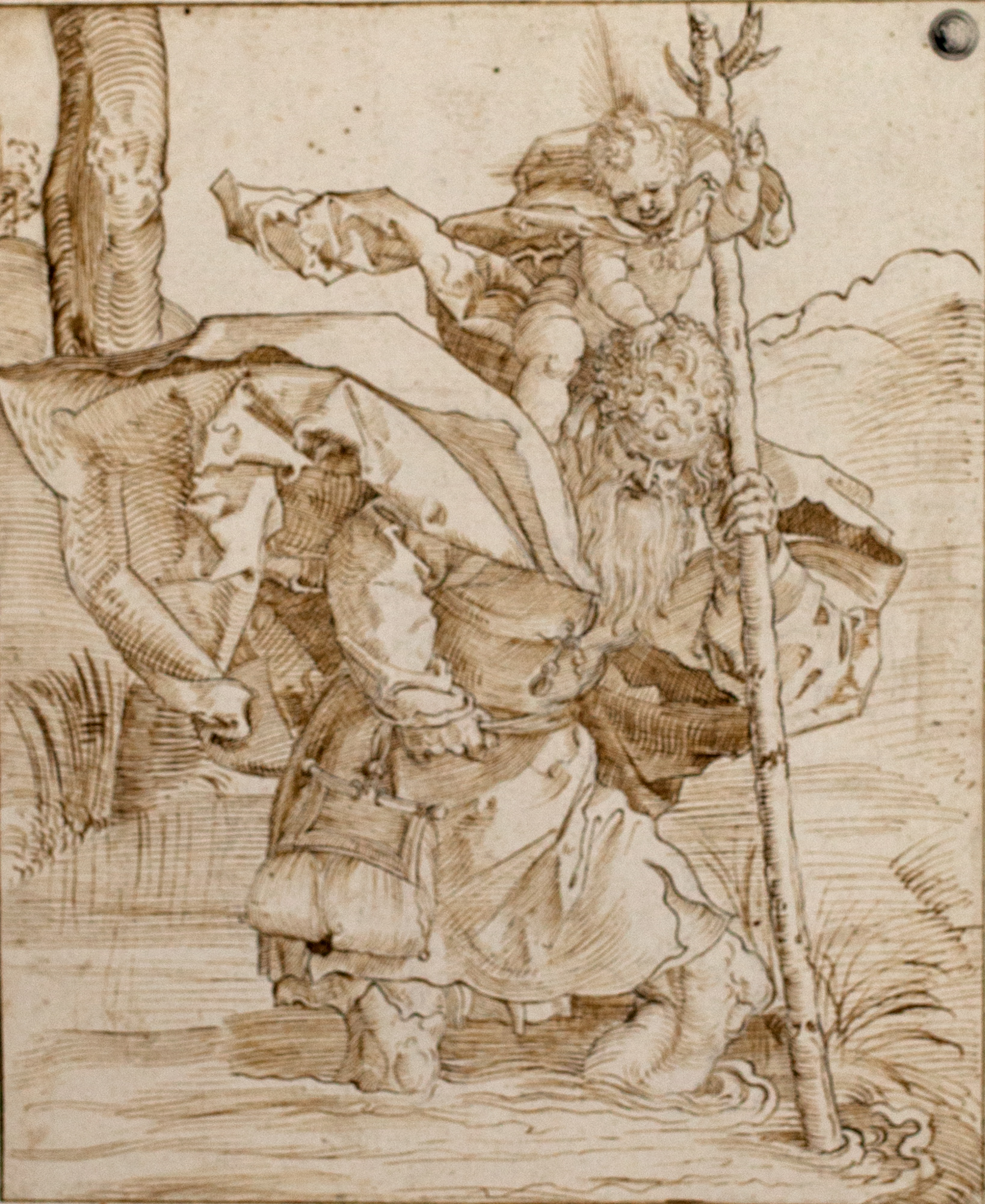 San Cristoforo traghetta il Redentore, San Cristoforo traghetta il Redentore (disegno, elemento d'insieme) - ambito tedesco (prima metà Sec. XVI)