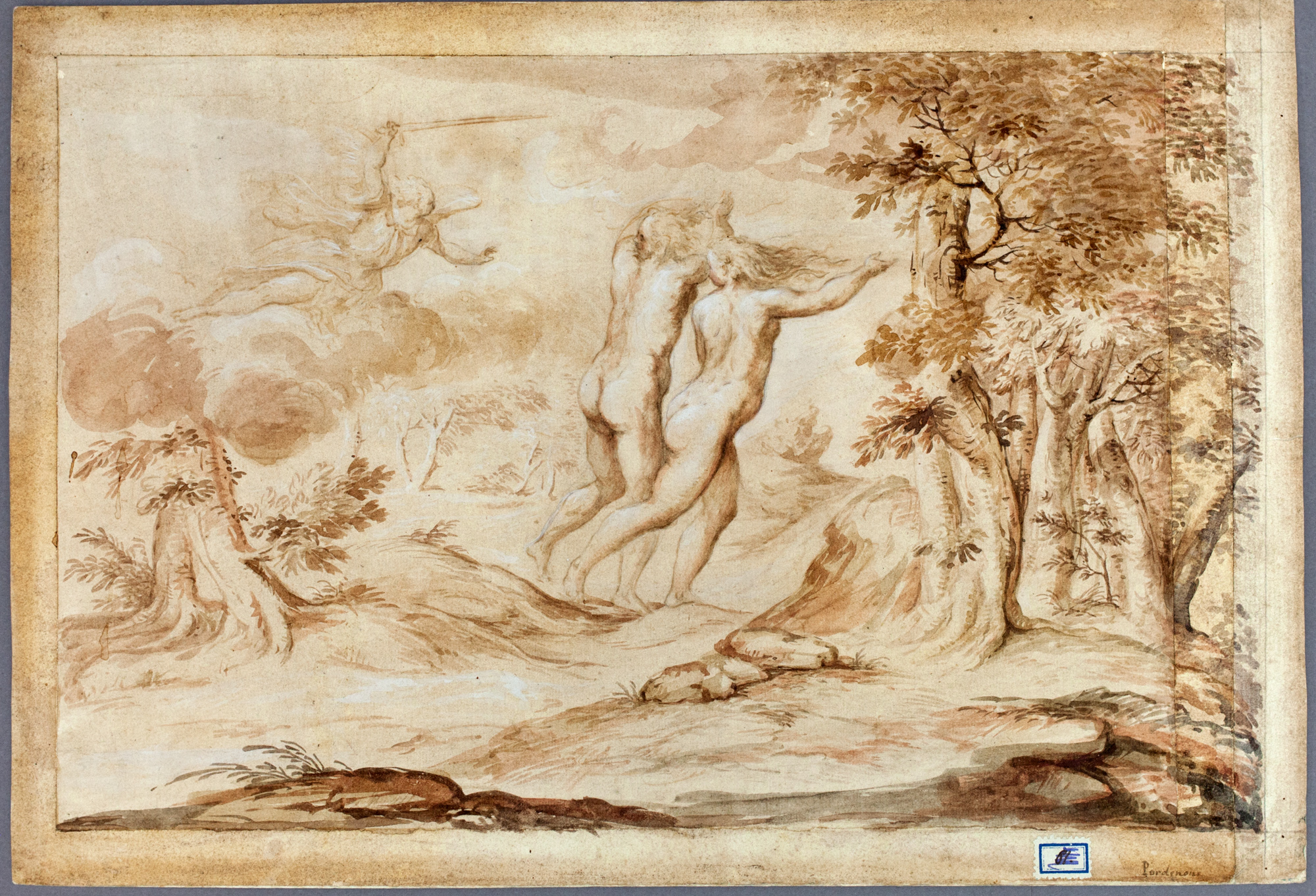 Adamo Eva, Adamo ed Eva cacciati dall'Eden (cartone di supporto) di Riva, Giuseppe Marco Antonio (attribuito) - ambito veneto (XIX)