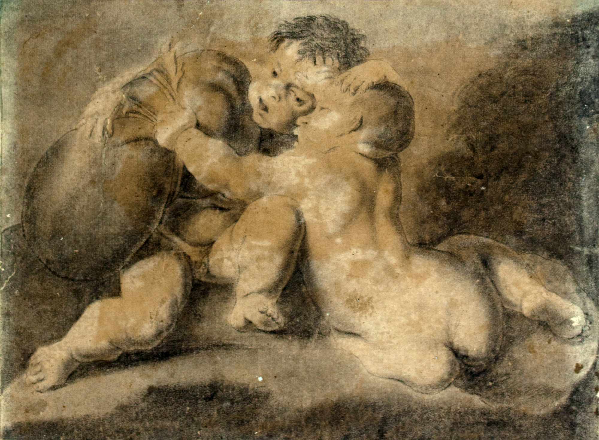 Due putti lottatori, Due putti lottatori (disegno, elemento d'insieme) - ambito veneto (secondo quarto Secolo XVII)