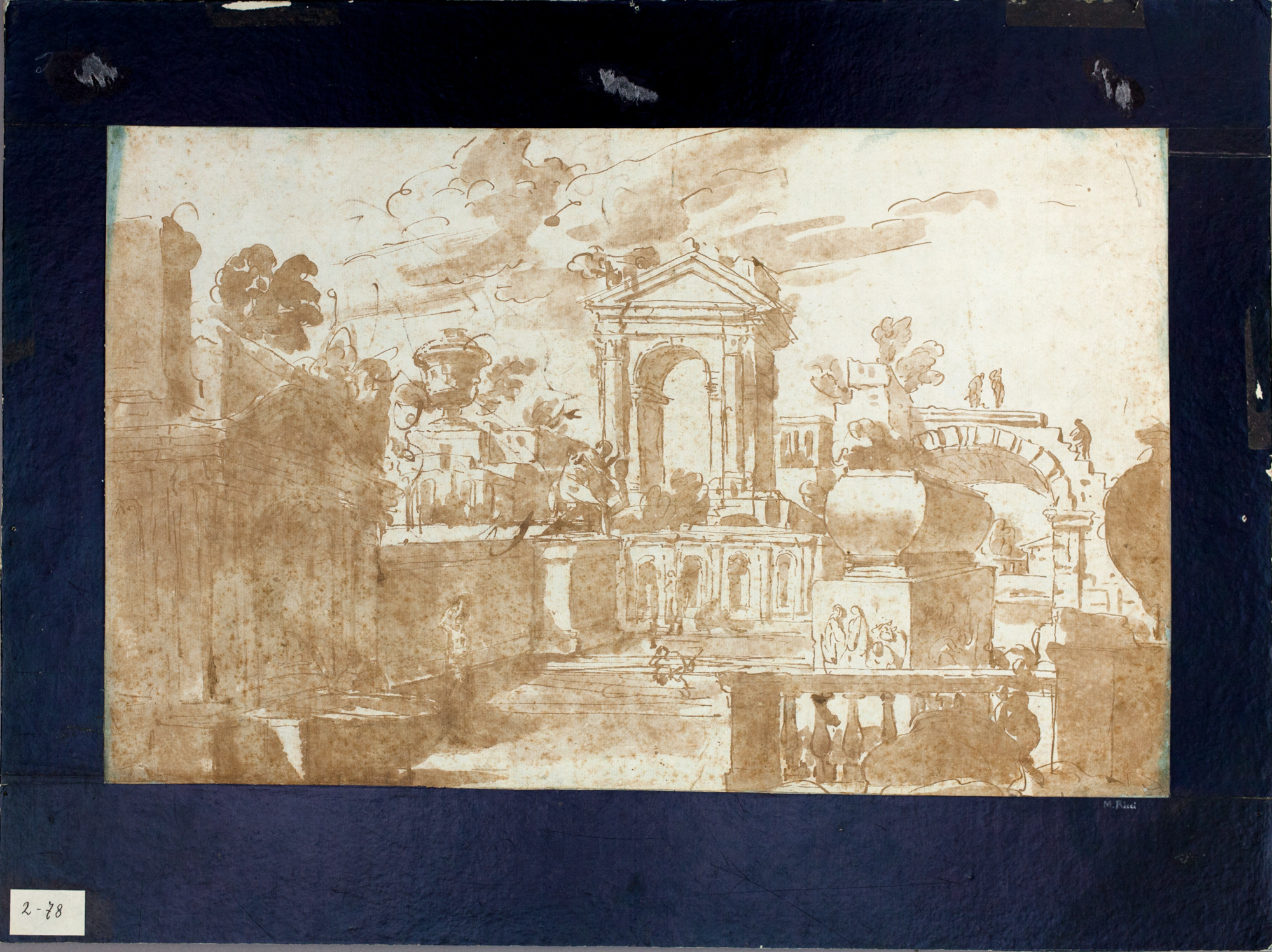 Quattro paesaggi di Marco Ricci, Veduta di una villa monumentale (cartone di supporto) di Riva, Giuseppe Marco Antonio (attribuito) - ambito veneto (XIX)