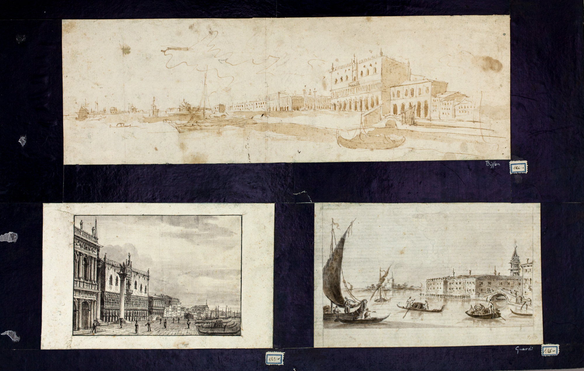 Veduta dal mare di Venezia con il Palazzo Ducale, Veduta di Venezia da Palazzo Ducale, Veduta di Venezia con gondole (cartone di supporto) di Riva, Giuseppe Marco Antonio (attribuito) - ambito veneto (XIX)