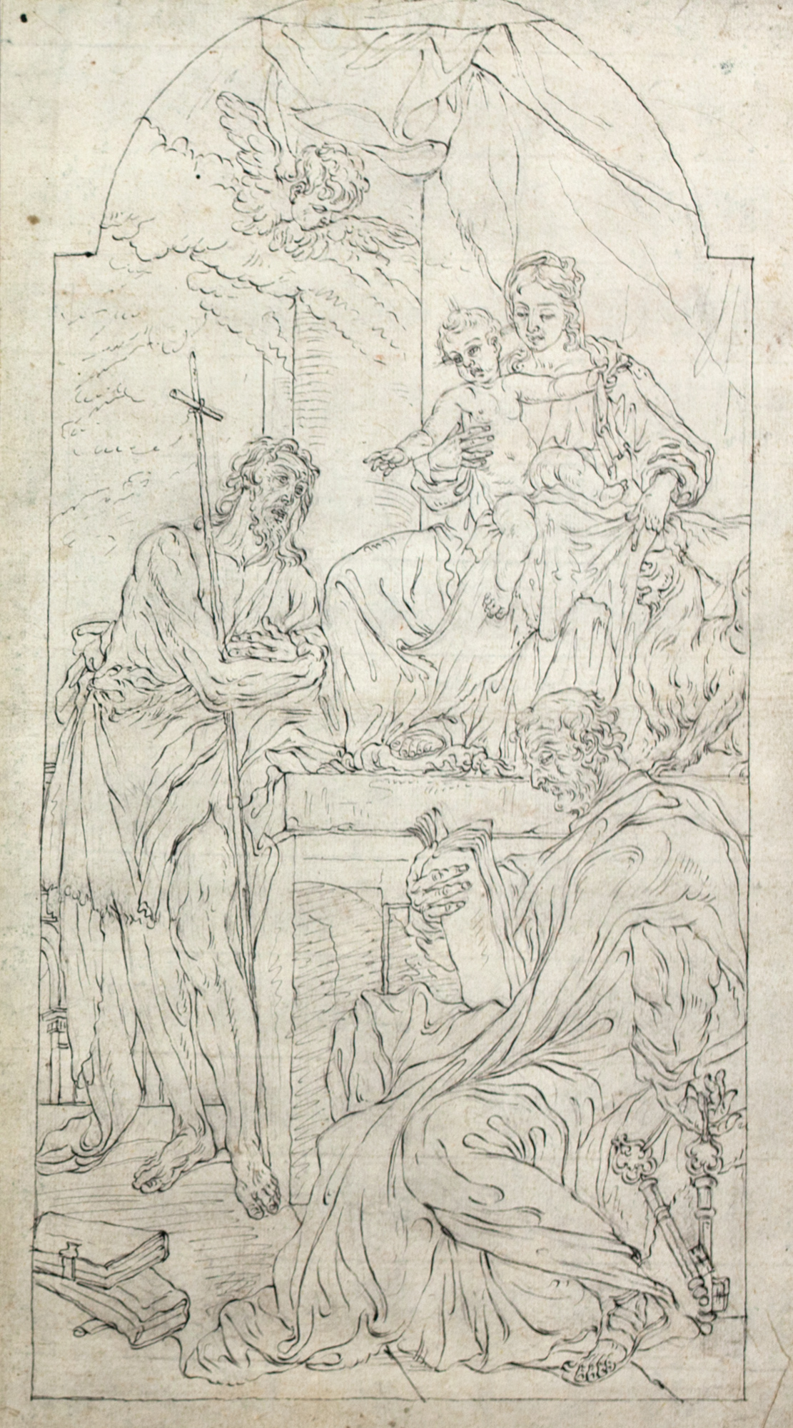 Madonna con Bambino in trono e i Santi Giovanni Battista e Pietro, Madonna con Bambino in trono e i Santi Giovanni Battista e Pietro (disegno, elemento d'insieme) - ambito veneto (metà Sec. XVI)