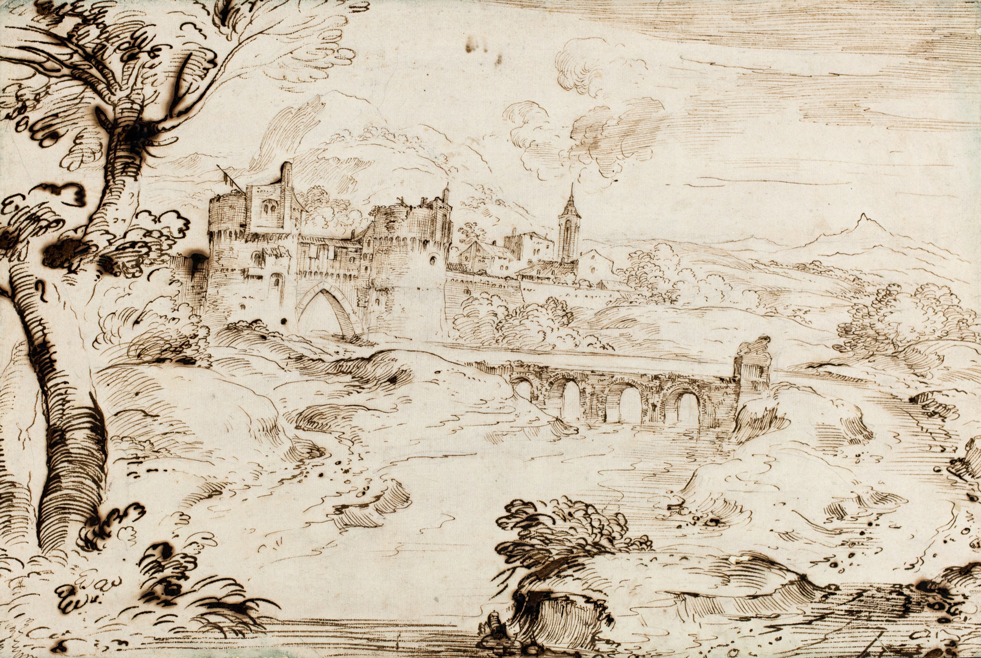 Paesaggio con castello, Paesaggio con castello (disegno, elemento d'insieme) di Zilotti, Domenico Bernardo - ambito veneto (metà Sec. XVIII)