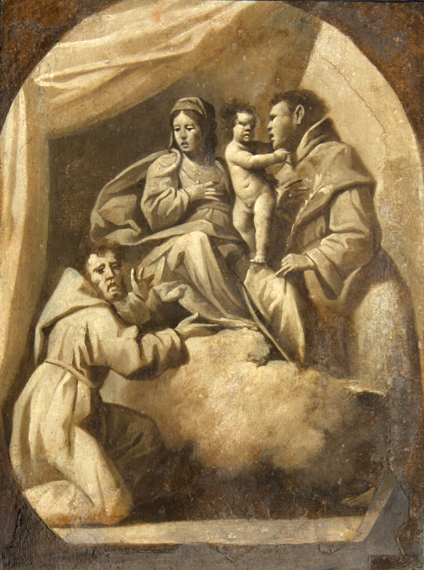 Madonna col Bambino e i Santi Francesco e Antonio da Padova, Madonna col Bambino e i Santi Francesco e Antonio da Padova (disegno, elemento d'insieme) di Ferrari Luca Detto Luca Da Reggio - ambito veneto - emiliano (secondo quarto sec. XVII)