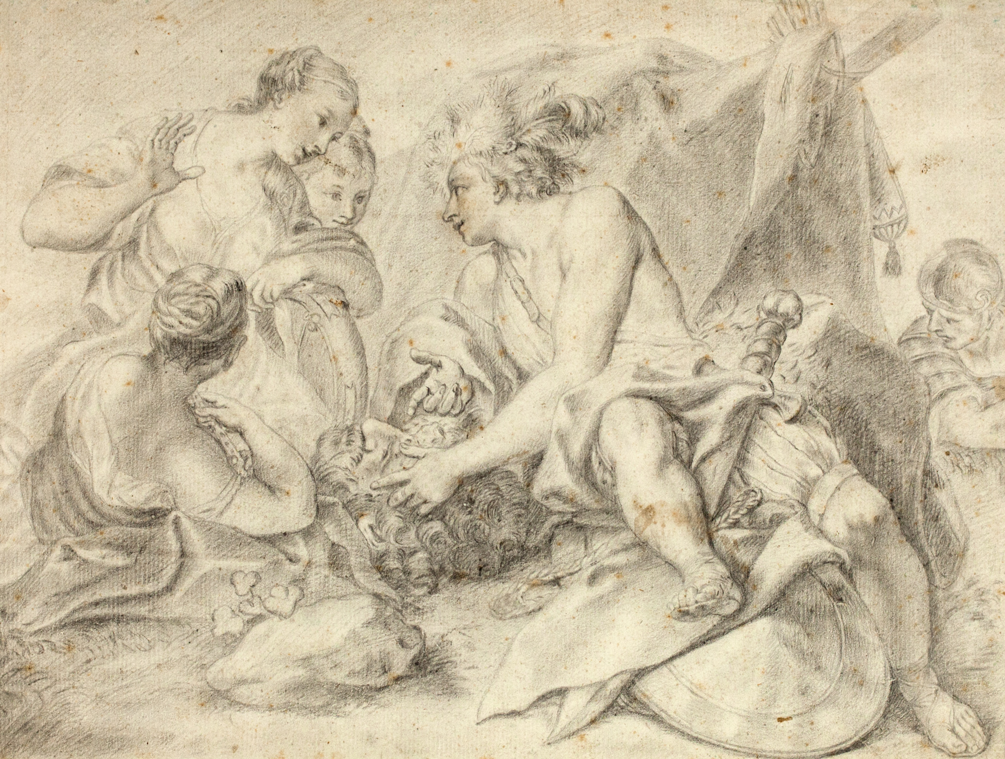 Davide mostra alle donne la testa di Golia, Davide mostra alle donne la testa di Golia (disegno, elemento d'insieme) - ambito emiliano (seconda metà Sec. XVII)