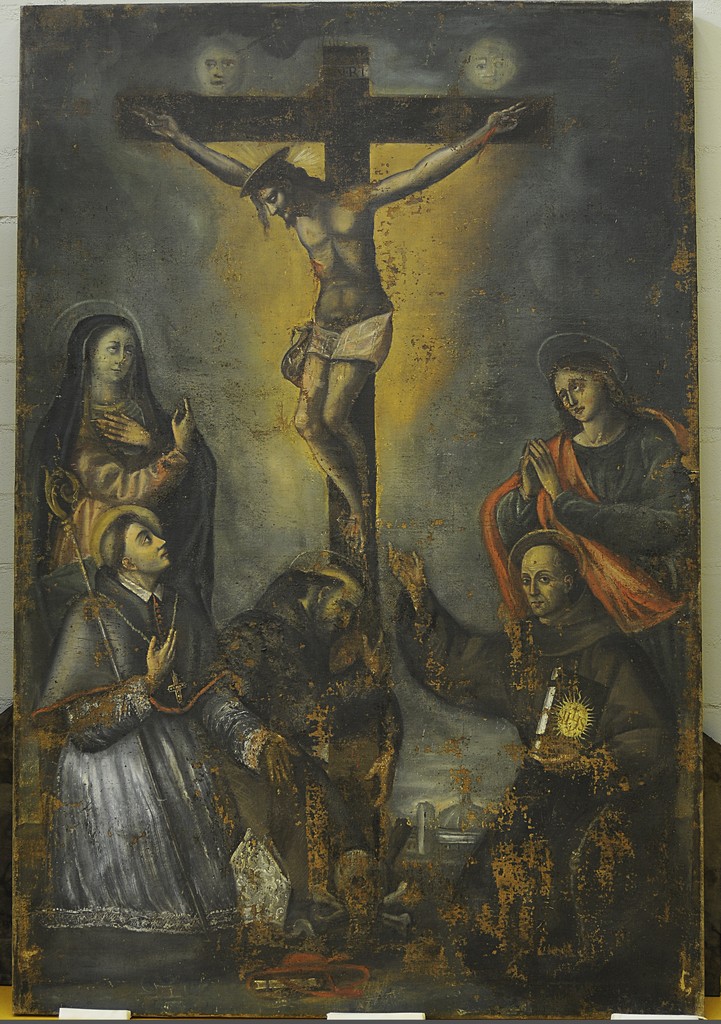 Crocifissione di Cristo con la Madonna, San Giovanni Evangelista, San Bonaventura da Bagnoregio, San Francesco d'Assisi e San Bernardino da Siena (pala d'altare, elemento d'insieme) - ambito Italia centrale (inizio sec. XVIII)