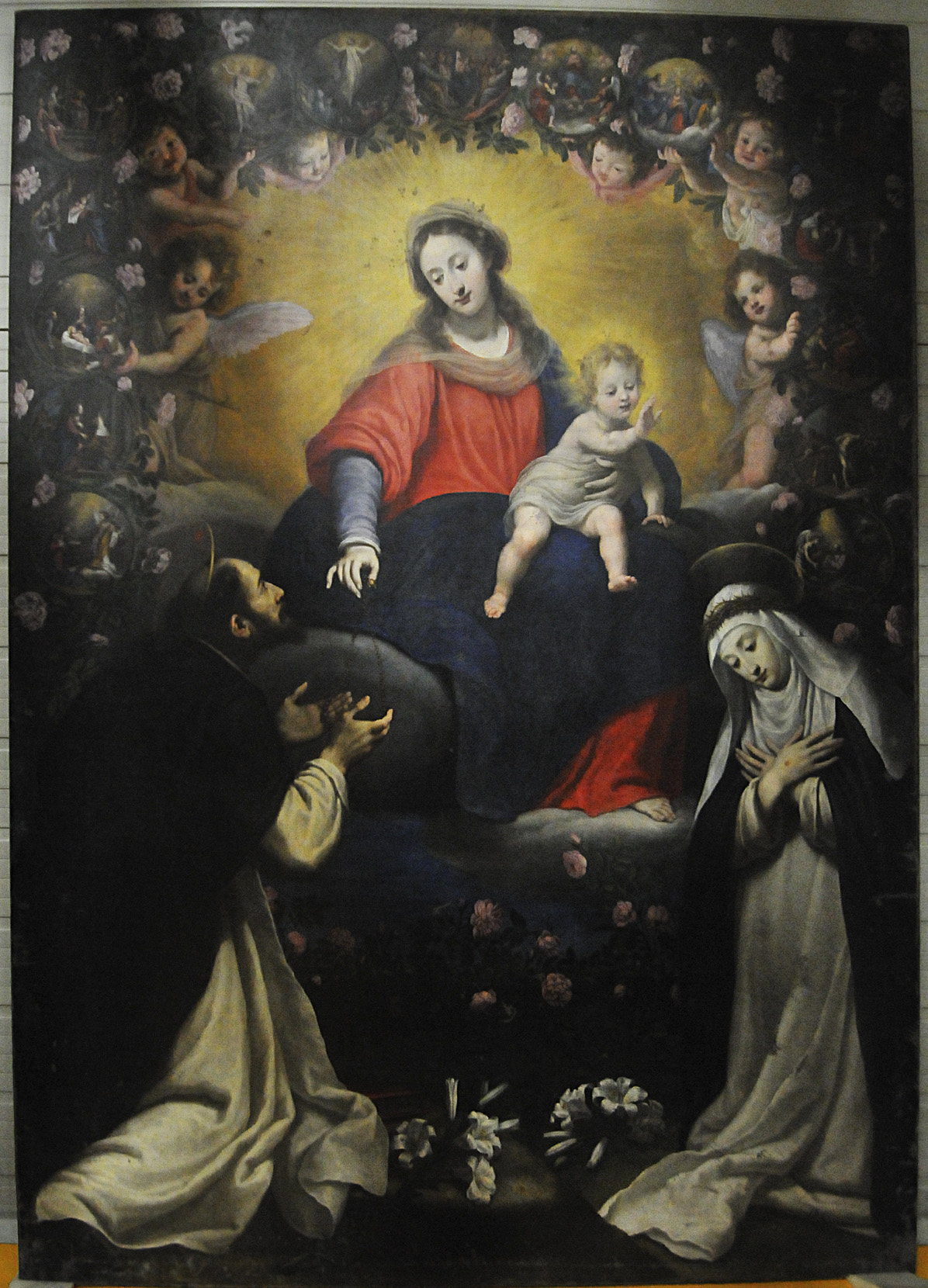 Madonna del rosario con Santi domenicani e misteri del rosario (dipinto, opera isolata) di Rosselli Matteo (metà XVII)