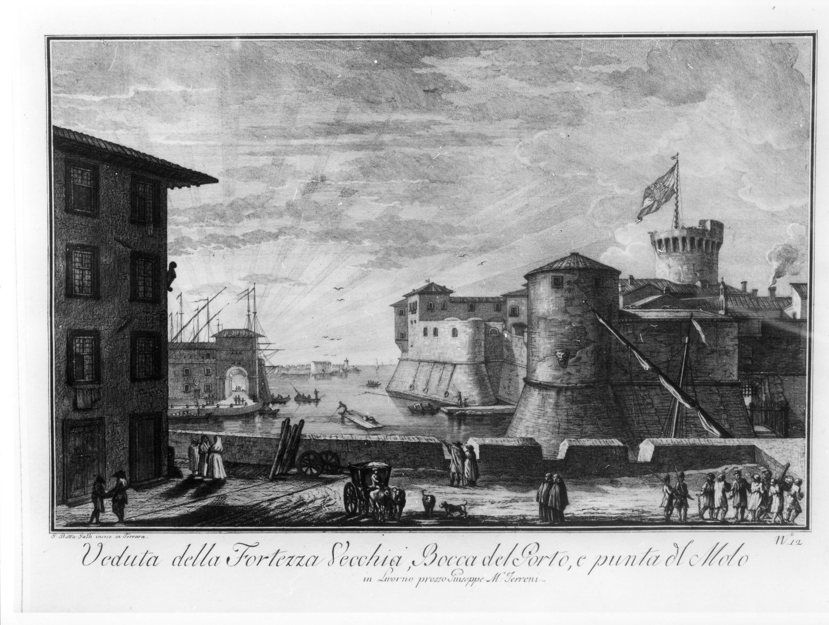 Veduta della Fortezza Vecchia, Bocca del Porto e punta del Molo, veduta di città (stampa) di Terreni Giuseppe Maria, Battagalli G (ultimo quarto sec. XVIII)