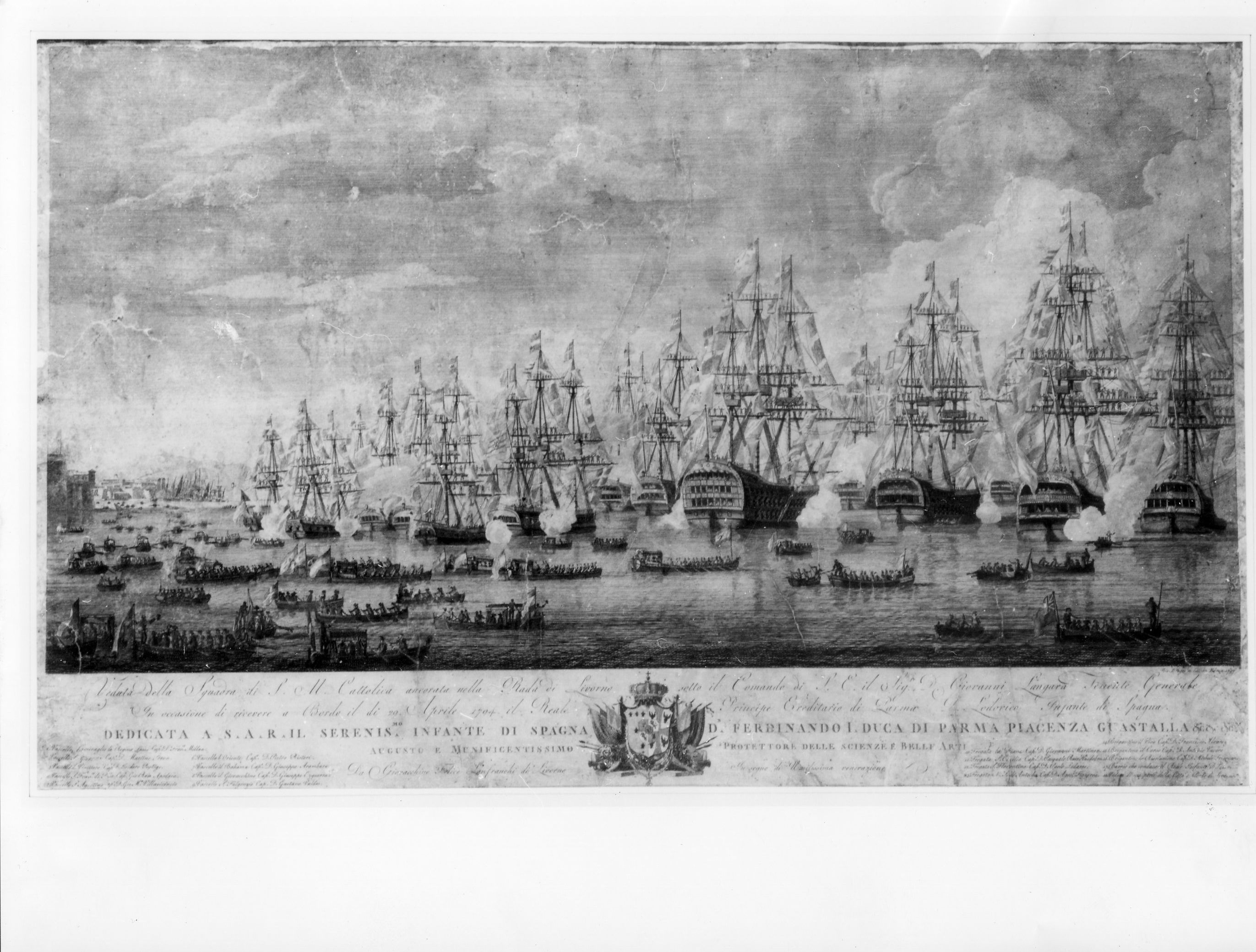 Veduta della Squadra di S. M. Cattolica ancorata nella Rada di Livorno, veduta di città (stampa) di Baugern G (sec. XVIII)