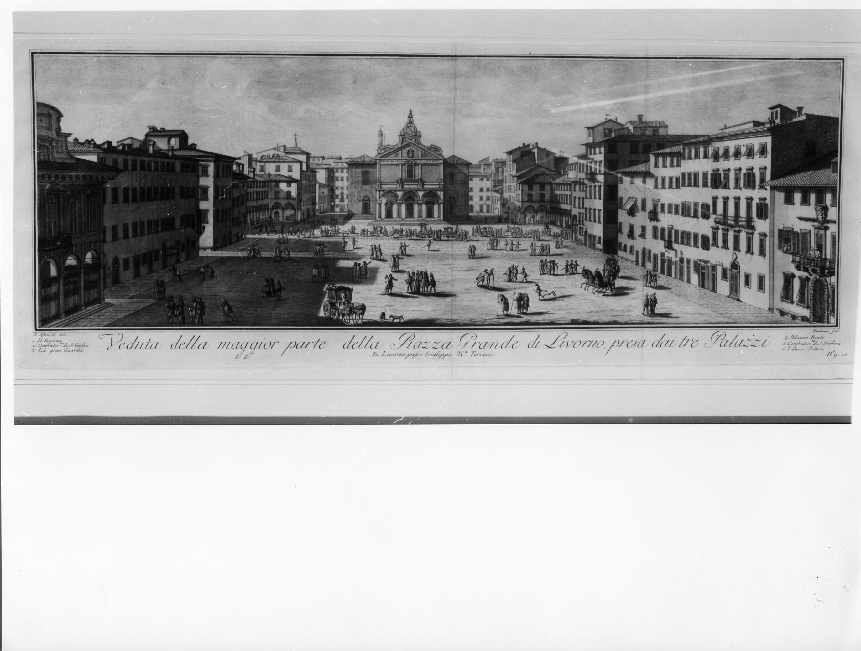 Veduta della maggior parte della Piazza Grande di Livorno presa dai tre Palazzi, veduta di città (stampa) di Austradi B, Fambrini Ferdinando (sec. XVIII)