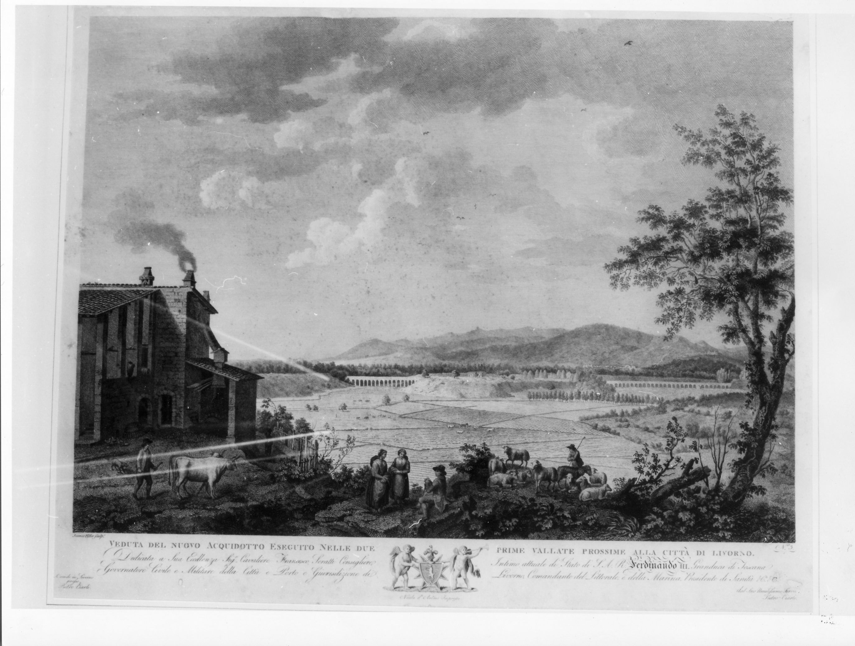 Veduta del nuovo Acquedotto esegiuto nelle due prime vallate prossime alla città di Livorno, veduta di città (stampa) di D'Antoni Andrea, Fittler James (sec. XIX)