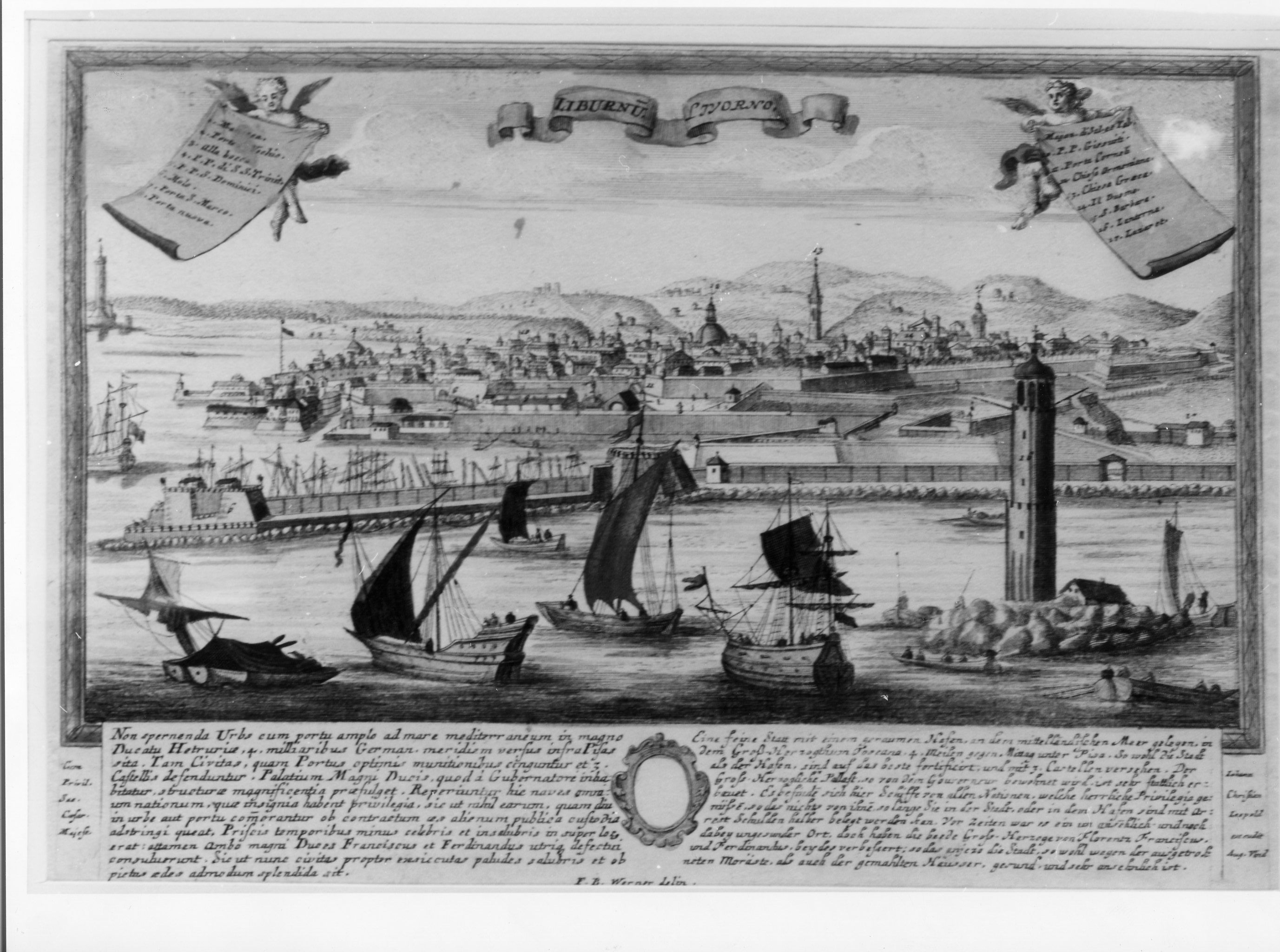 Veduta del Porto e del Lazzeretto S. Rocco di Livorno, veduta di città (stampa) di De Werner Friedrich Bernard (sec. XVIII)
