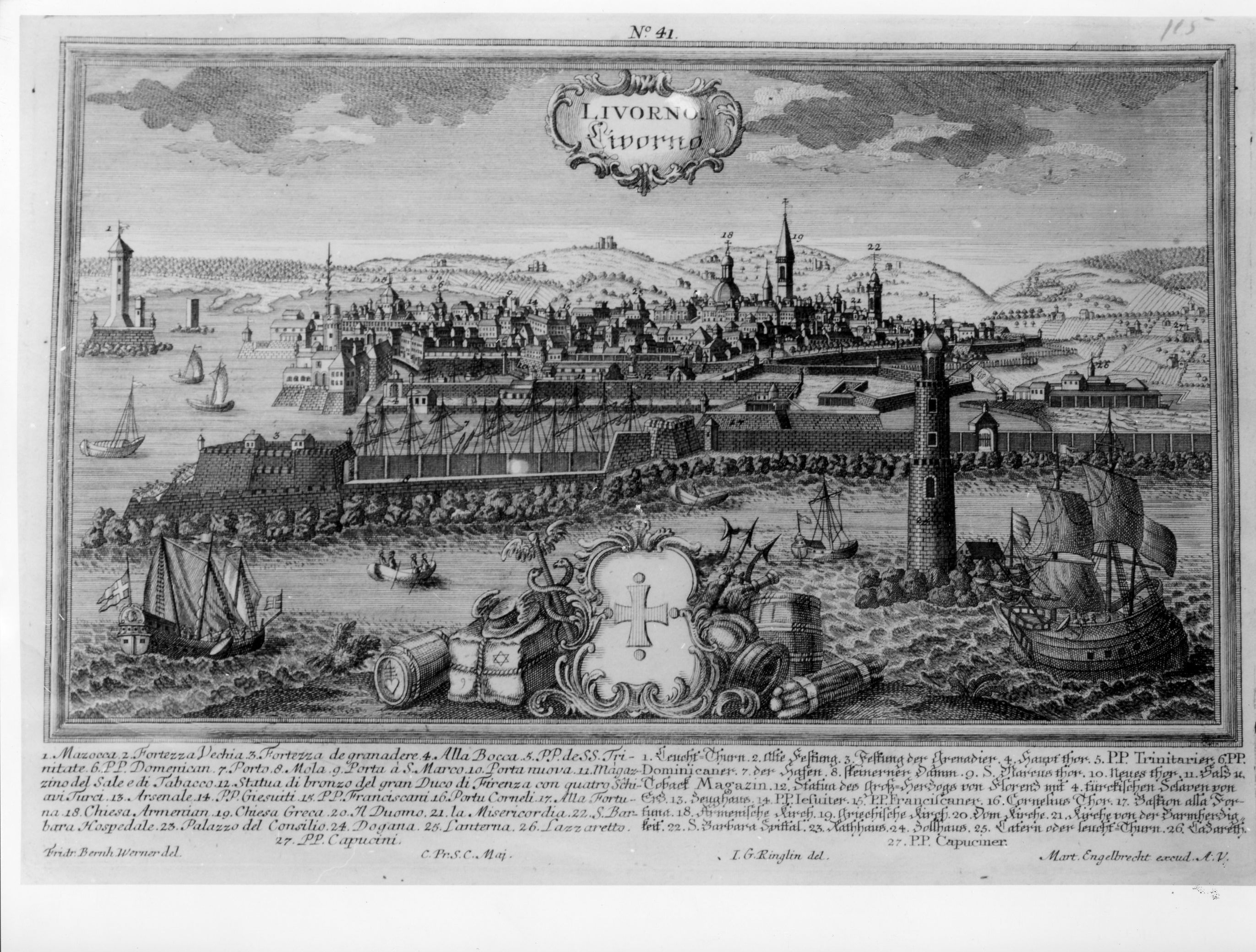 Veduta di Livorno dal mare, veduta di città (stampa) di De Werner Friedrich Bernard (sec. XVIII)