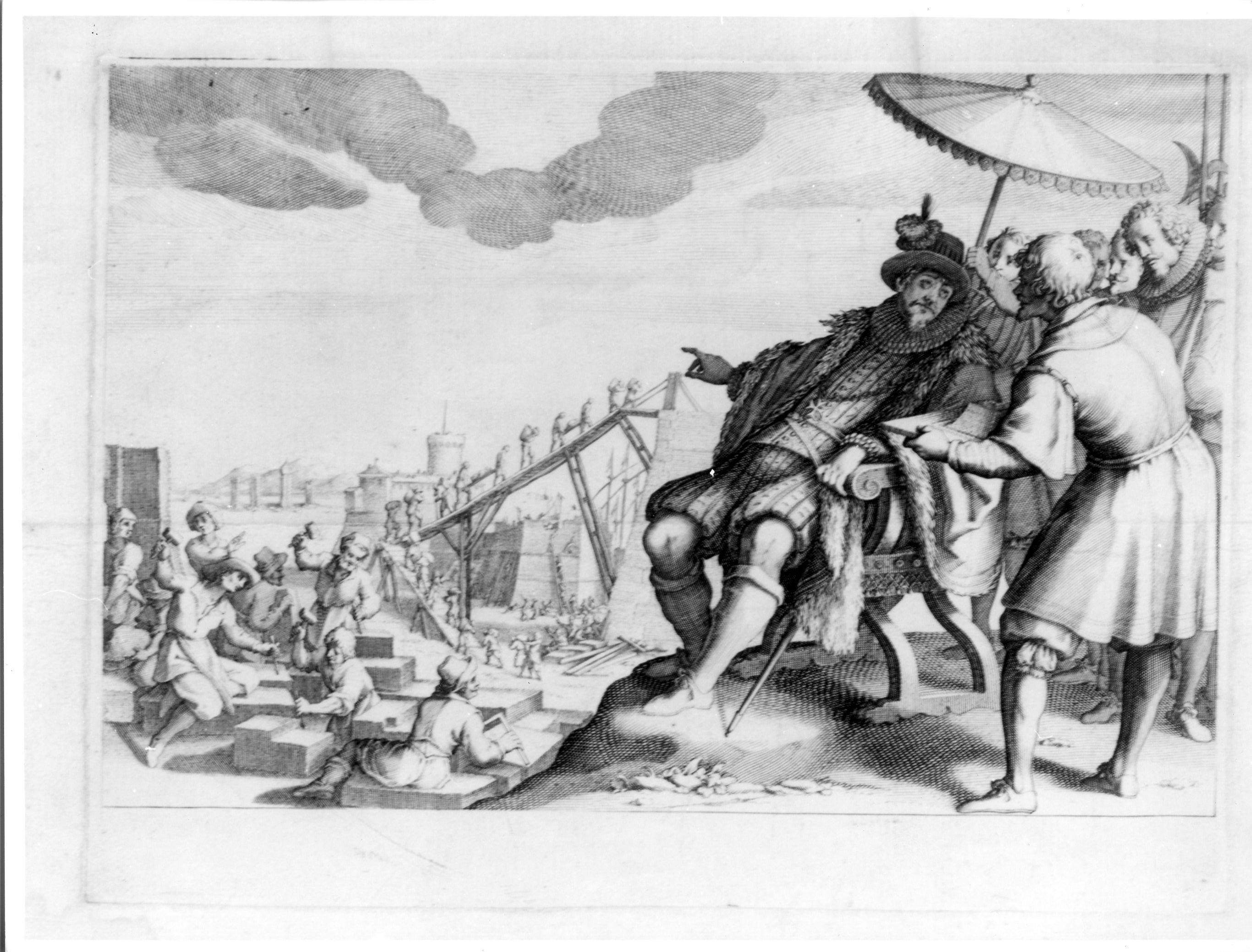Ferdinando I ordina la costruzione delle fortificazioni di Livorno, veduta di città (stampa) di Callot Jacques (sec. XVII)