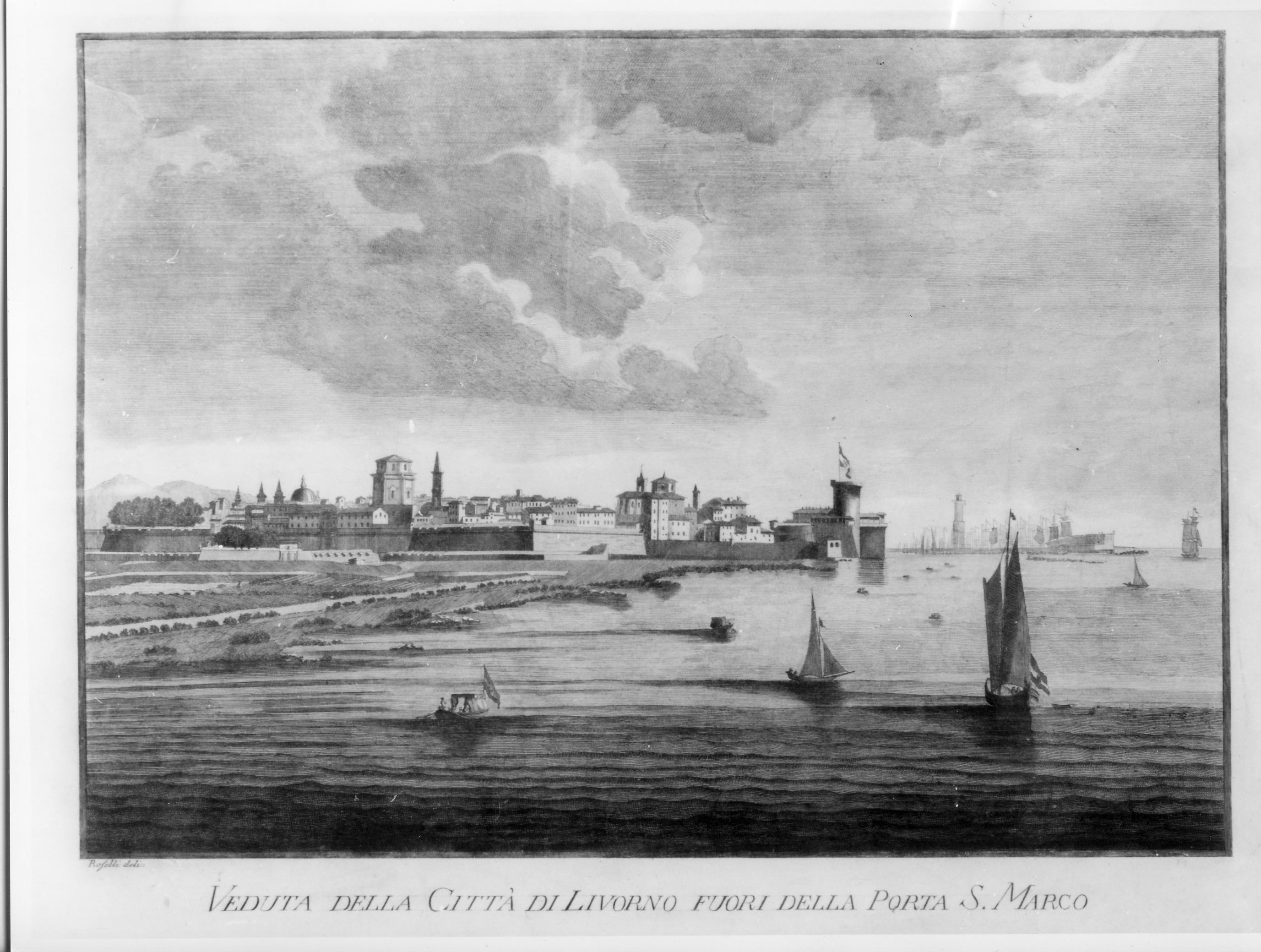 Veduta della città di Livorno fuori della Porta San Marco, veduta di città (stampa) di Roselli Omobono (sec. XVIII)