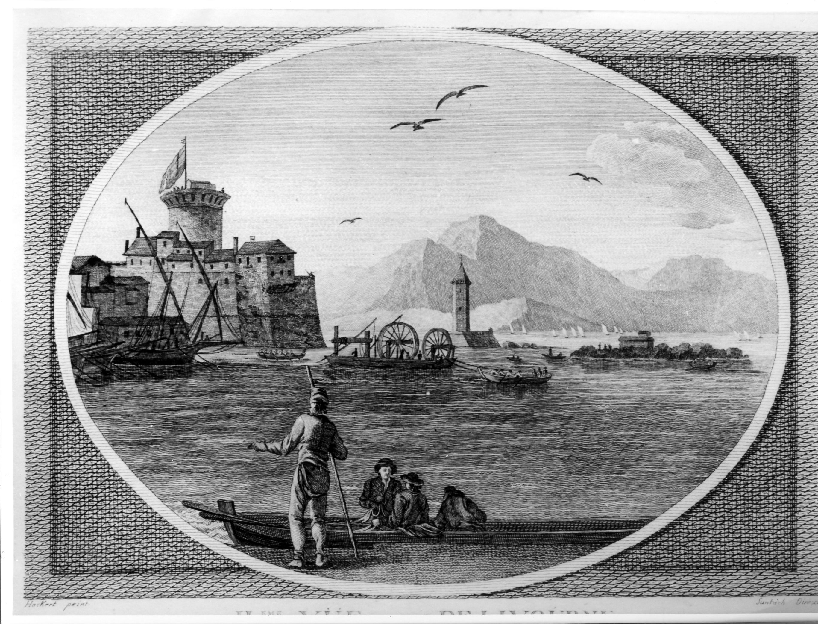 Veduta di Livorno vista dalla punta del molo, veduta di città (stampa) di Hackert Philipp, Suntach Antonio (ultimo quarto sec. XVIII)