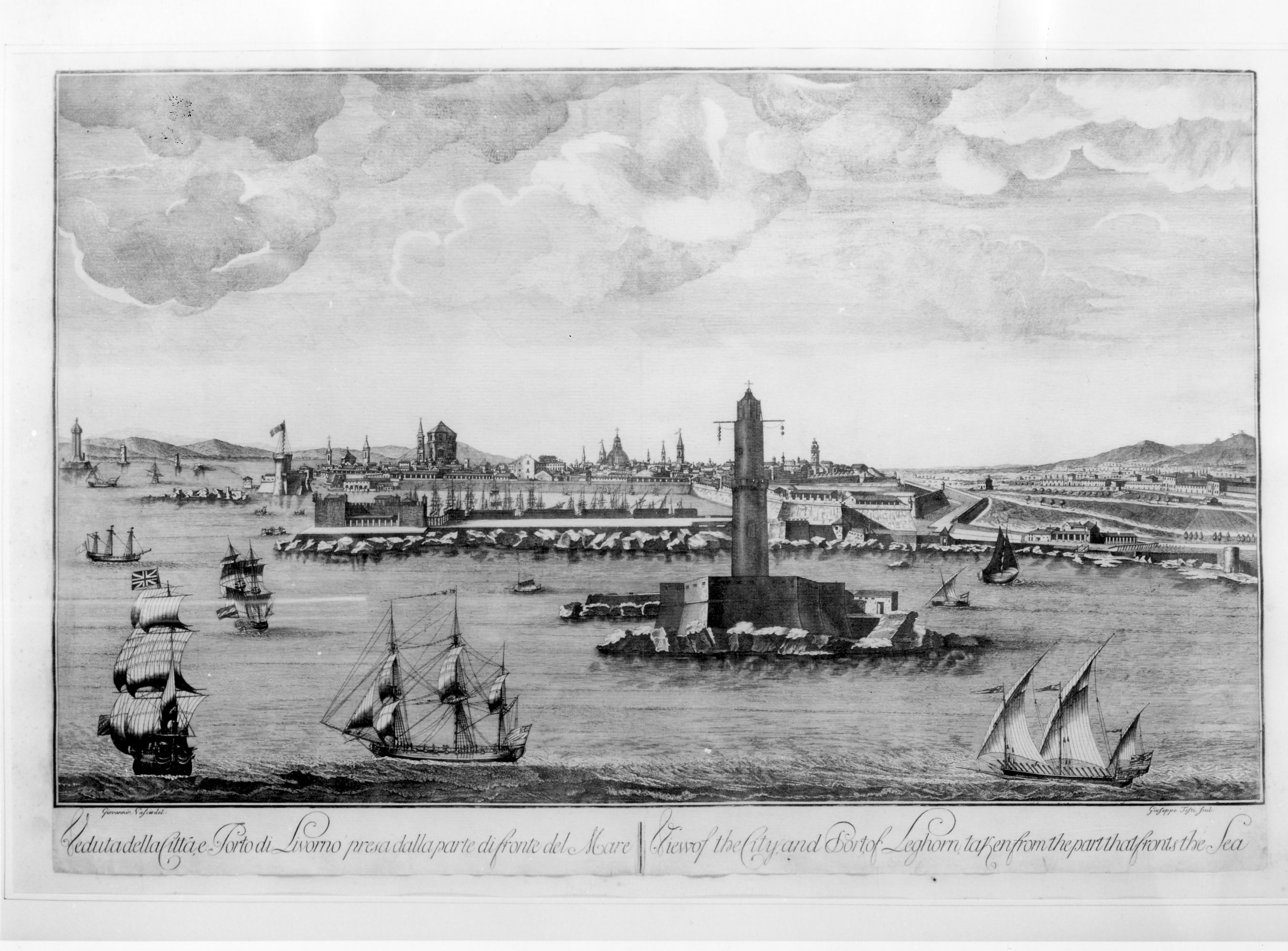 Veduta della città e porto di Livorno presa dalla parte di fronte al mare, Veduta di città (stampa) di Nascio Giovanni Giosuè, Testi Giuseppe (seconda metà sec. XVIII)