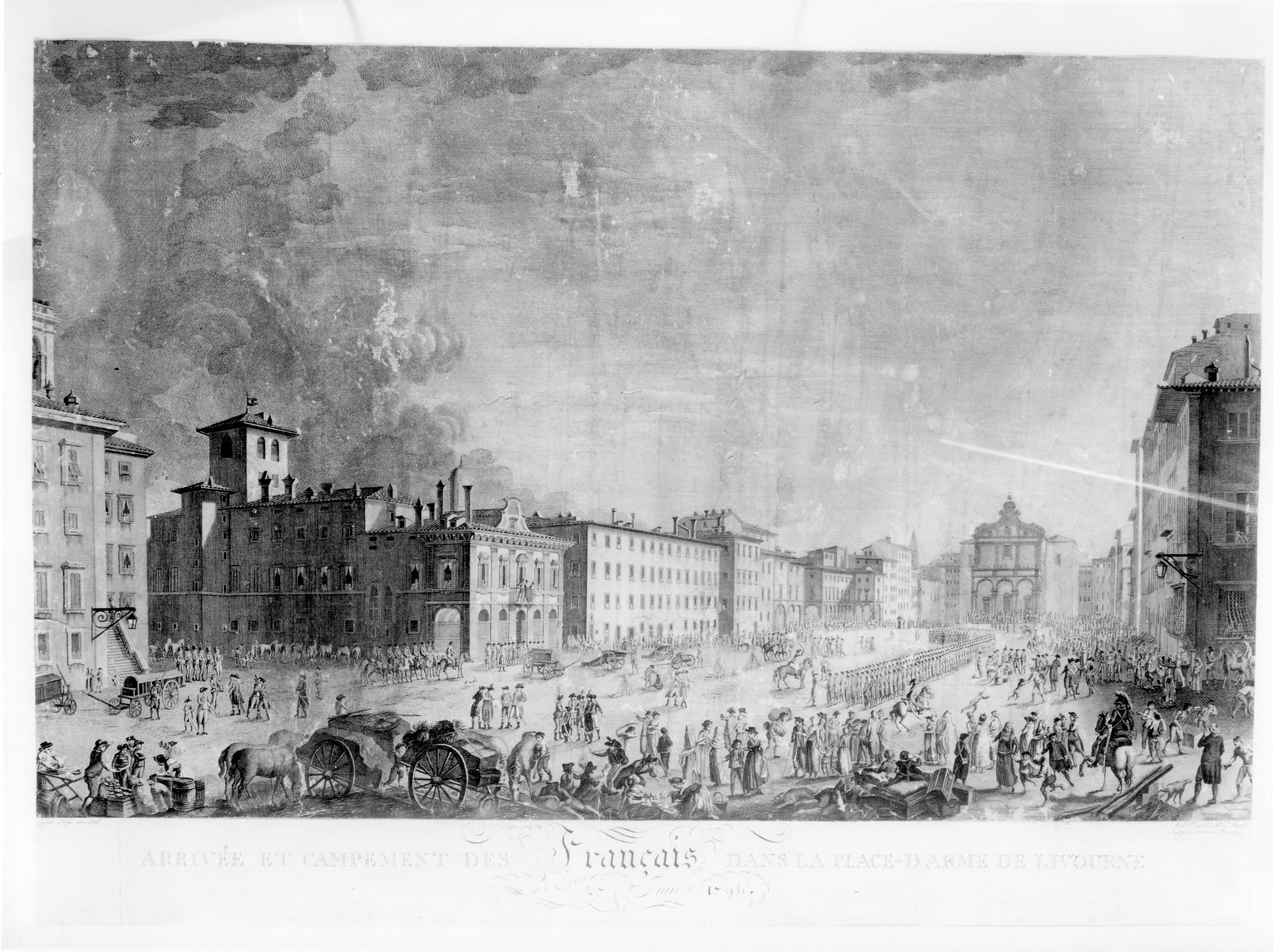 Arrivée et campement des francais dans la Place de Livorne 27 Juin 1796, veduta di città (stampa) di Beys G, Poggioli Antonio, Angeli Giuseppe (sec. XVIII)