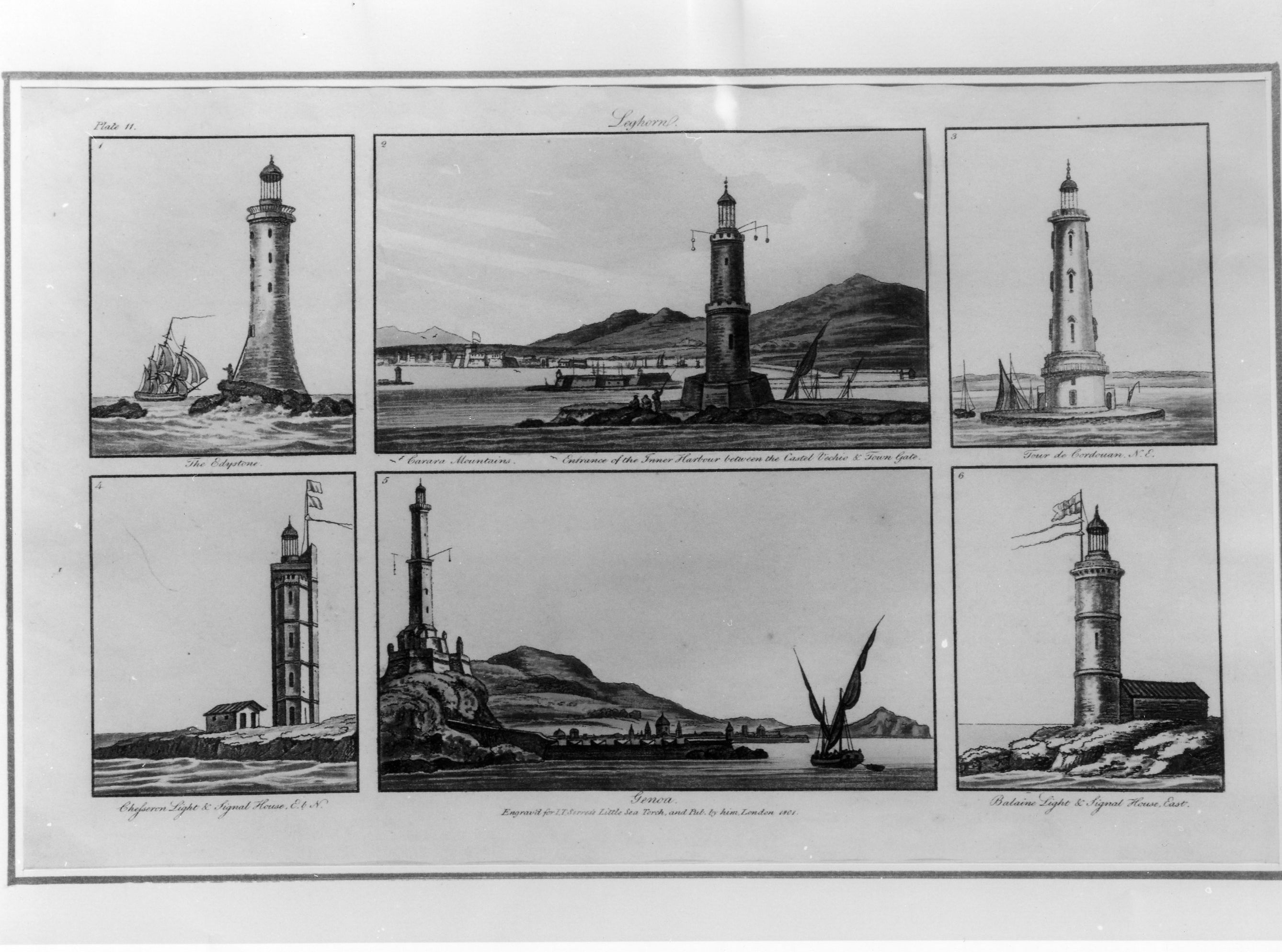 Vedute di sei Fari tra i quali quello di Livorno e la Lanterna di Genova, veduta di città (stampa) - ambito toscano (sec. XIX)