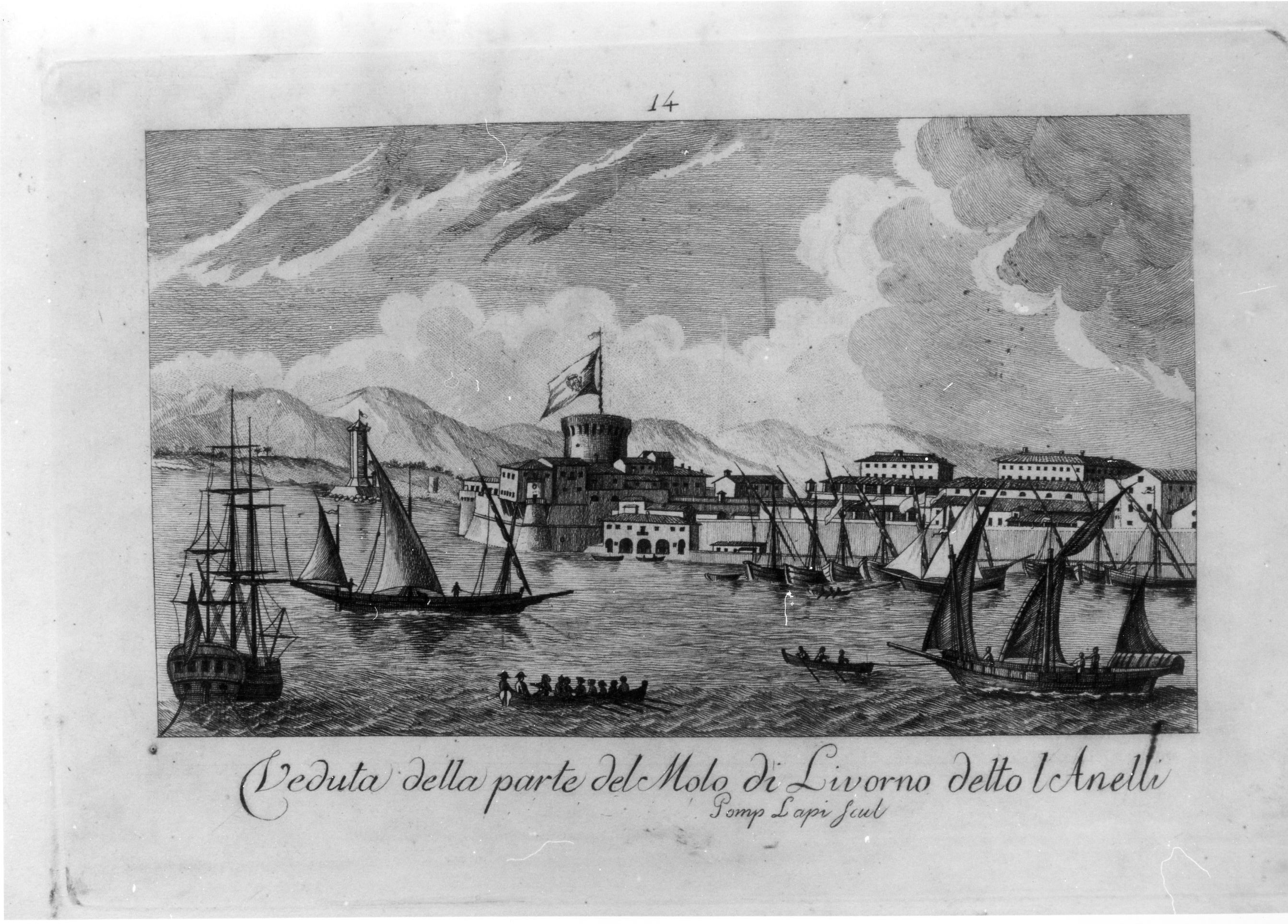 Veduta della parte del Molo di Livorno detto l' Anelli, veduta di città (stampa) di Lapi Pompeo (fine sec. XVIII)