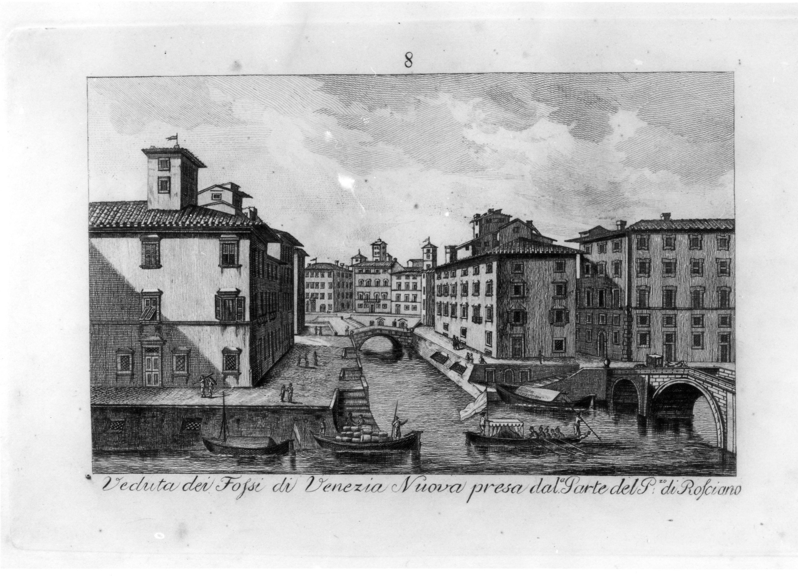 Veduta dei Fossi di Venezia Nuova presa dal.a Parte del P.zo Rosciano, veduta di città (stampa) - ambito toscano (fine sec. XVIII)