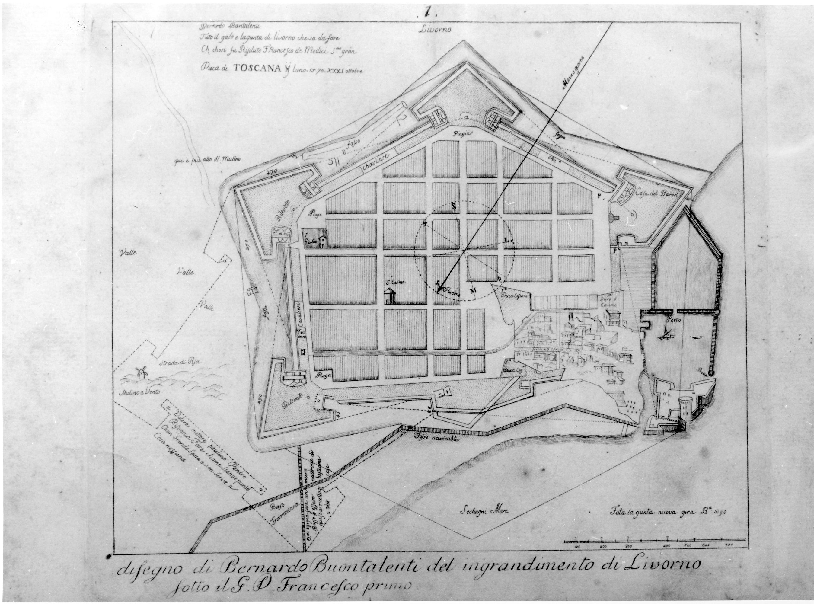 Disegno di Bernardo Buntalenti del ingrandimento di Livorno sotto il G. D. Francesco primo, veduta di città (stampa) di Fambrini Ferdinando (sec. XVIII)