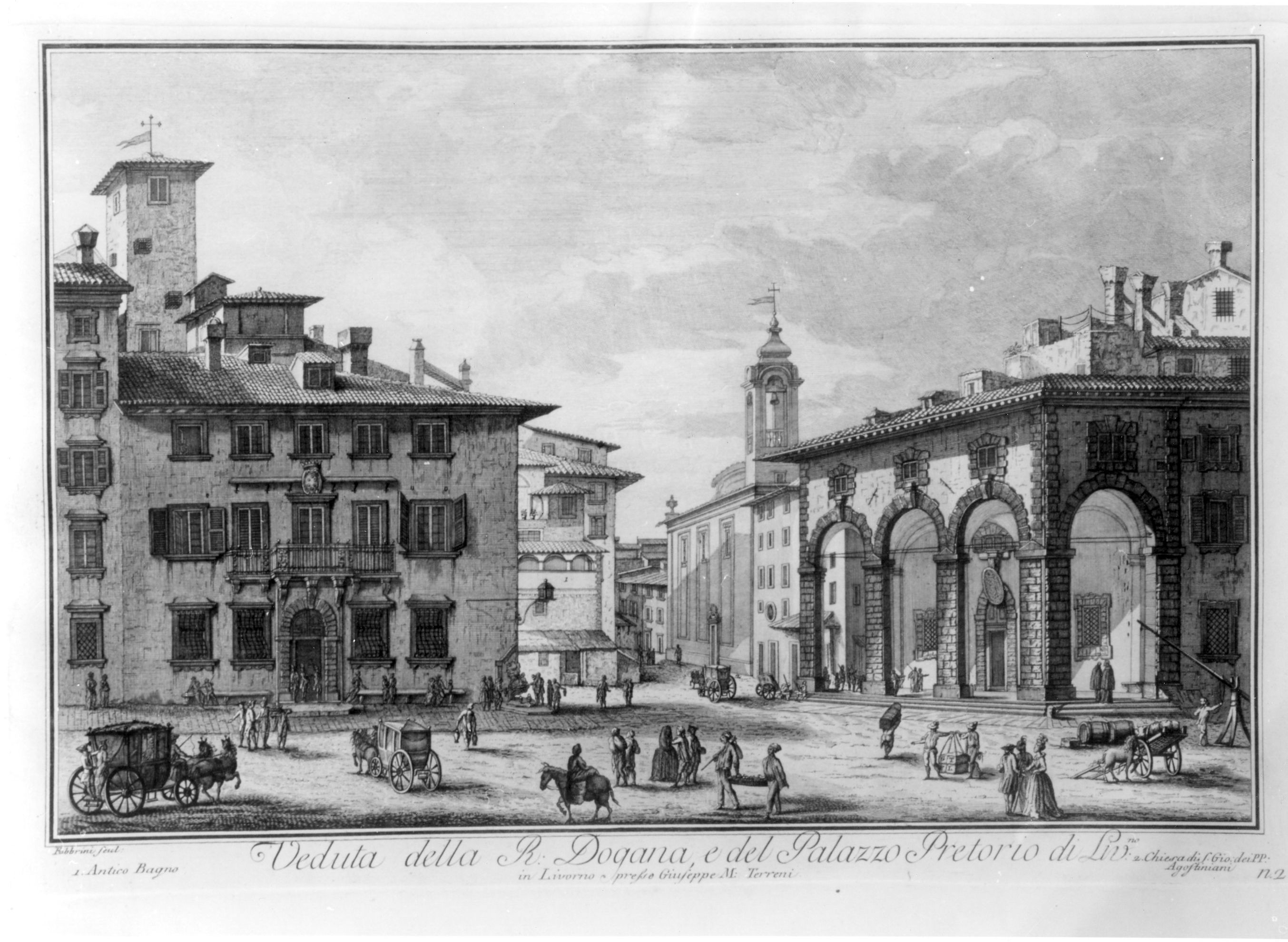 Veduta della R: Dogana, e del Palazzo Pretorio di Livorno, veduta di città (stampa) di Terreni Giuseppe Maria, Fambrini Ferdinando (ultimo quarto sec. XVIII)
