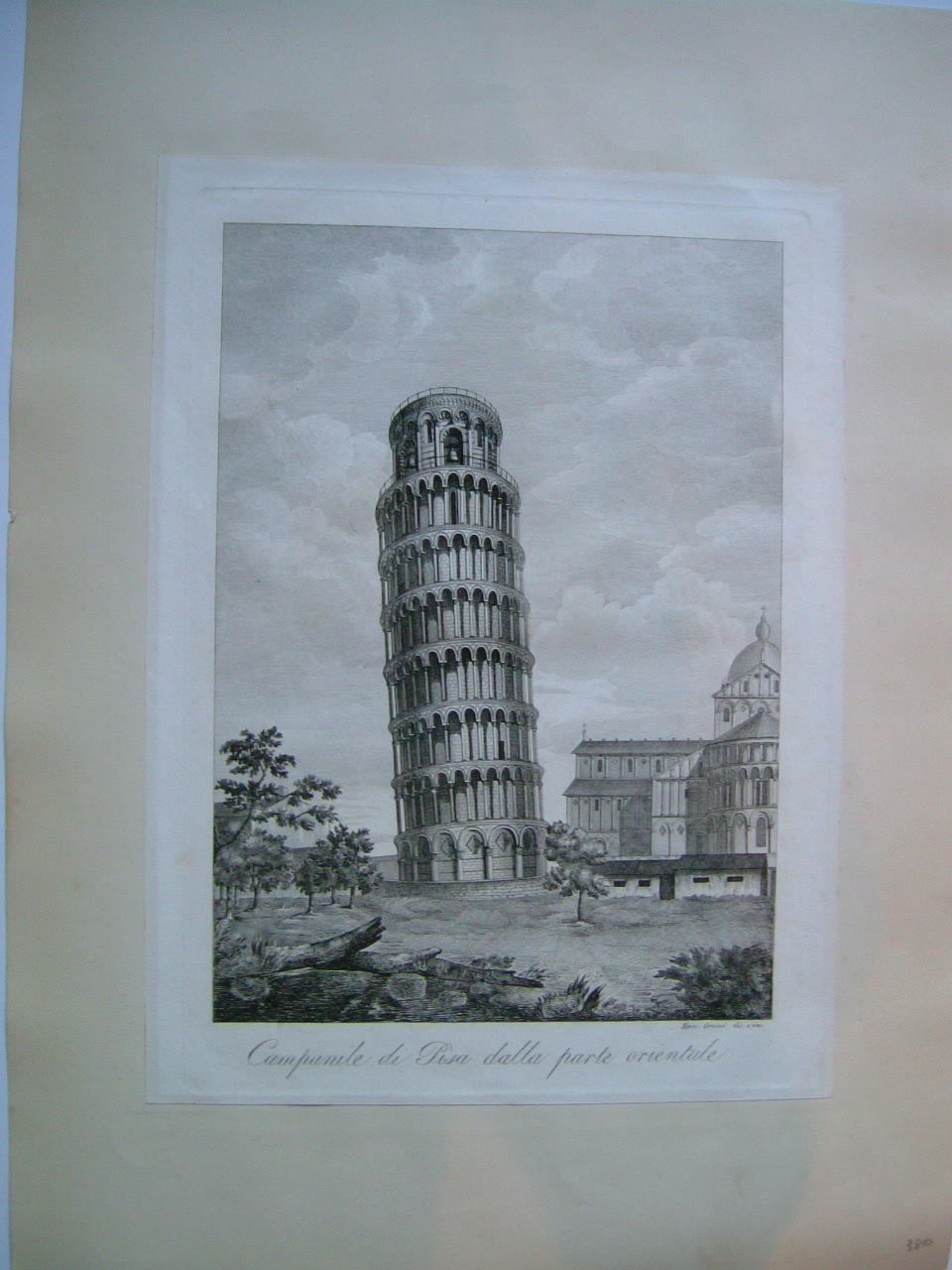 Campanile di Pisa dalla parte orientale, veduta di città (stampa, frammento) di Grassi Ranieri (sec. XIX)