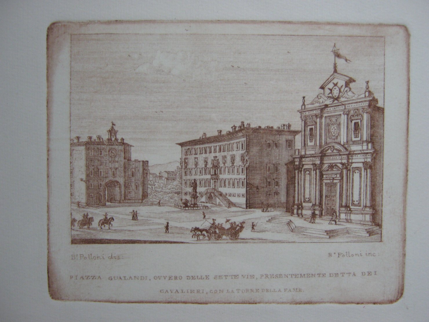Piazza Gualandi, veduta di città (stampa, frammento) di Polloni Bartolomeo (secondo quarto sec. XIX)