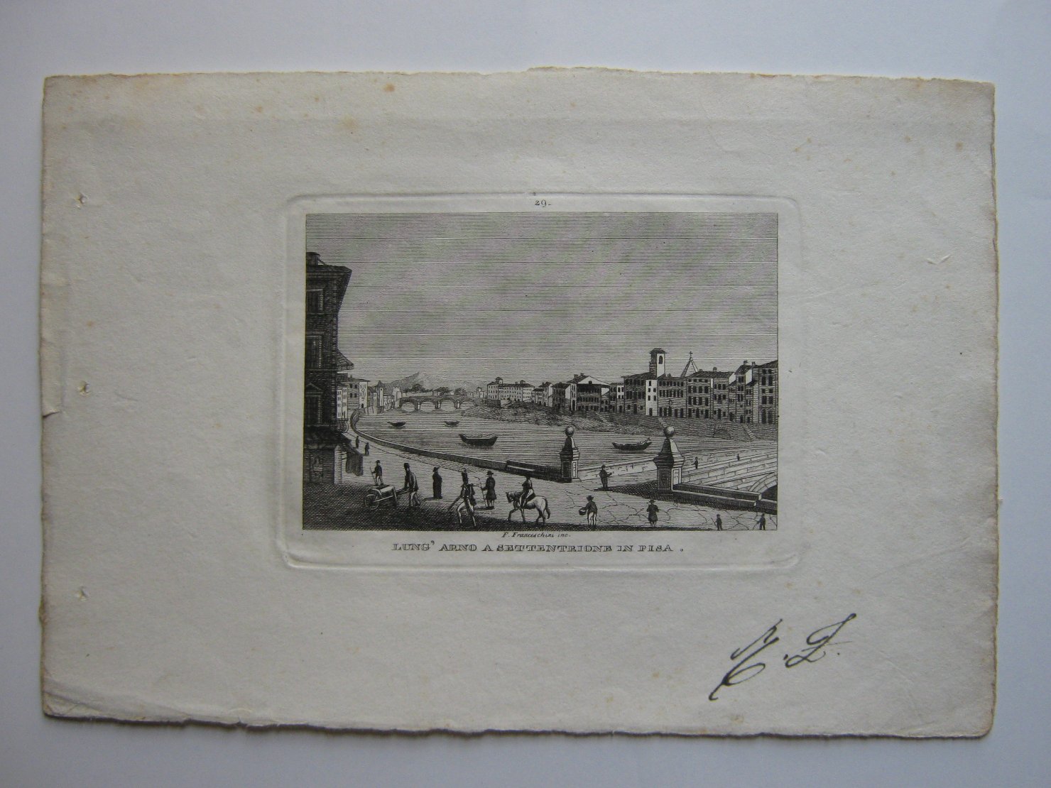 Lung'Arno a settentrione a Pisa, veduta di città (stampa, frammento) di Franceschini Francesco (secondo quarto sec. XIX)