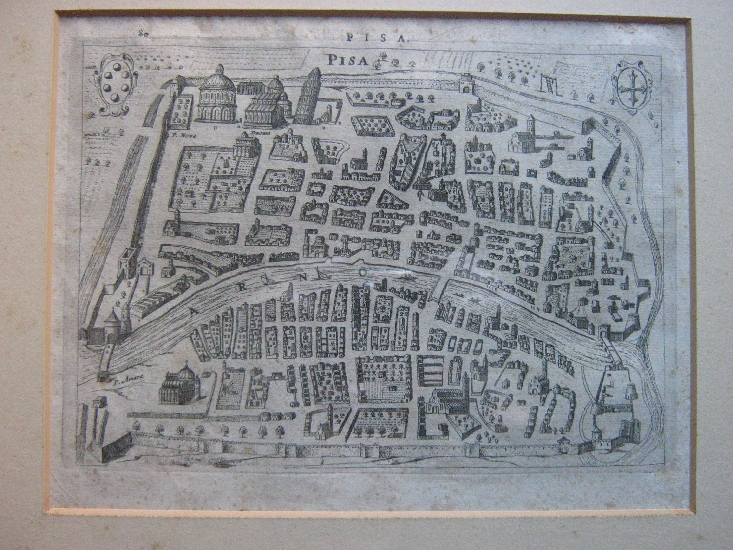 Pisa, veduta di cittï¿½ (stampa, frammento) di Hondius Jodocus II (prima metï¿½ sec. XVII)