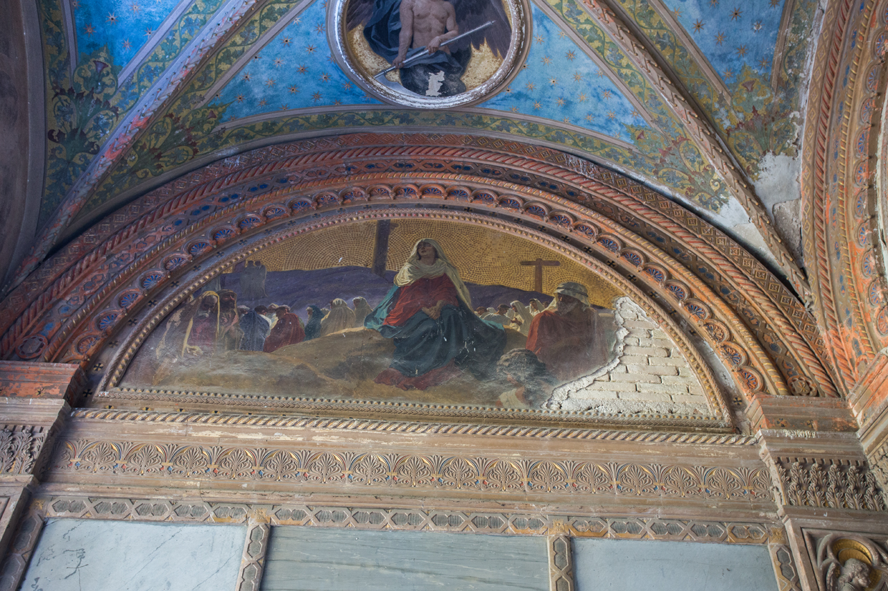 Trasporto di cristo al sepolcro; motivi decorativi vegetali (lunetta, elemento d'insieme)