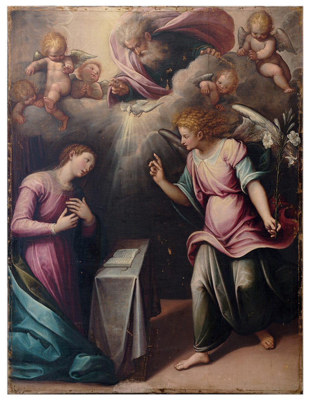 Annunciazione con Dio Padre benedicente, colomba dello Spirito Santo e angeli (dipinto, opera isolata) di Caccia Guglielmo detto Moncalvo (attribuito) (primo quarto sec. XVII)