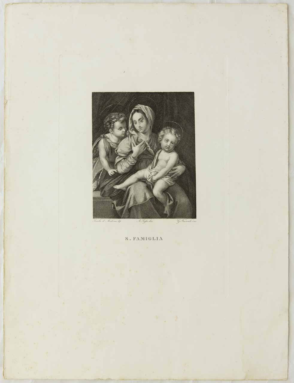 Madonna con Bambino e san Giovannino (stampa) di Fusinati Giuseppe, Sasso A, Andrea d'Agnolo detto Andrea del Sarto (scuola) - ambito toscano (sec. XIX)