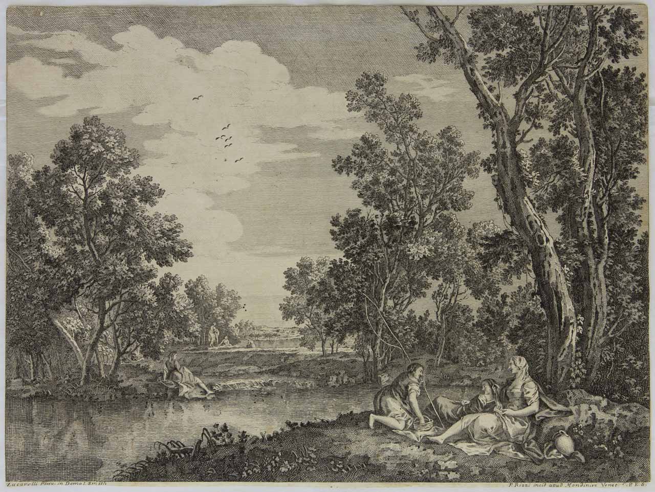 Paesaggio con donne (stampa tagliata, serie) di Rizzi Filippo, Zuccarelli Francesco - ambito veneziano (sec. XVIII)